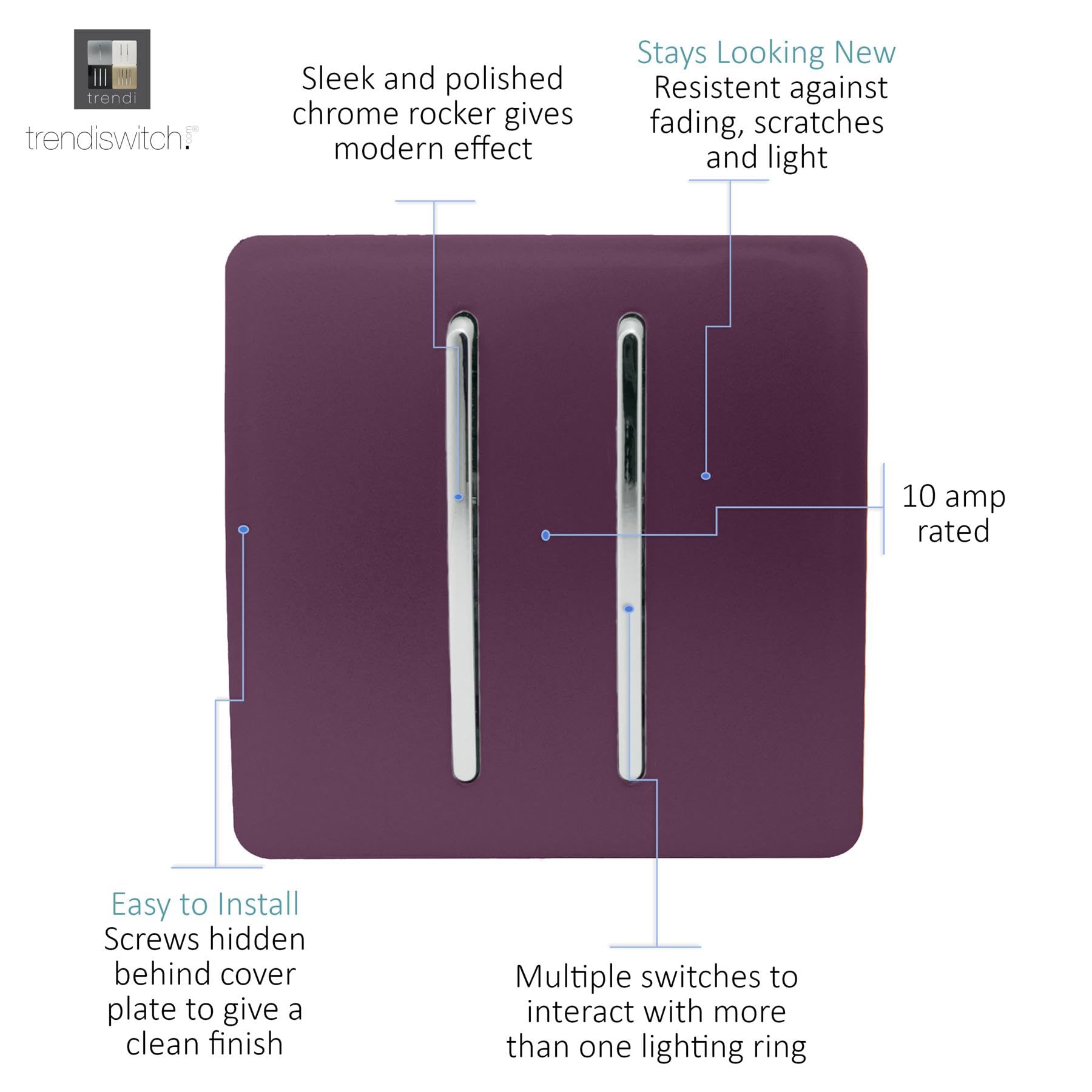 Trendi 2 Gang 2 Way Artistic Modern Glossy 10 Amp Rocker Tactile Light Switch Plum (Pack of 2) - Image 3