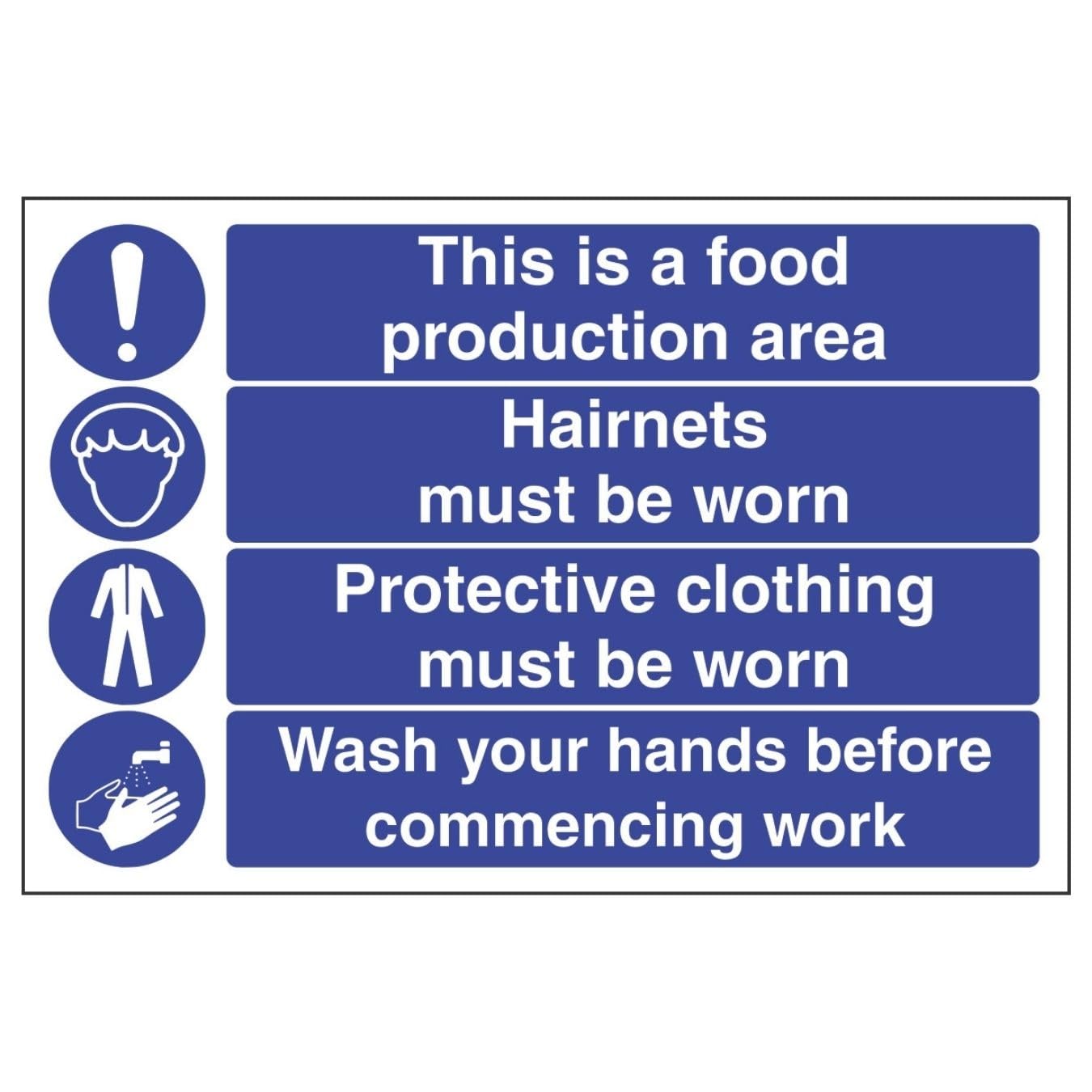 V Safety This Is A Food Production Area - Hairnets 300 x 200 mm - Glow In The Dark 1mm Rigid Plastic Safety Sign