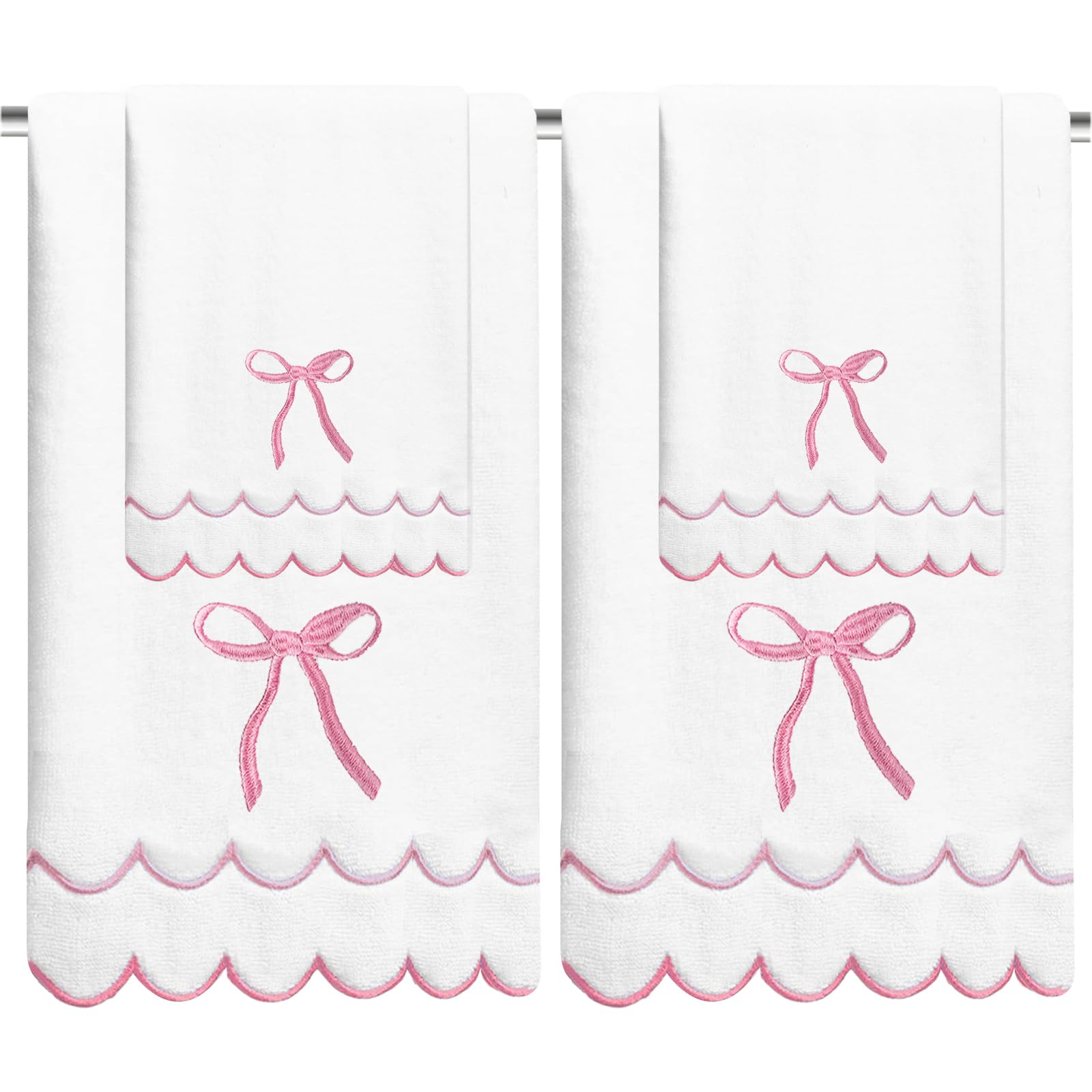 4 Set Pink Coquette Bow Bath Towels Set 2 Bath Towels 2 Hand Towels Embroidered Preppy Decorative Scalloped Towels Soft Cute Towels for Bathroom