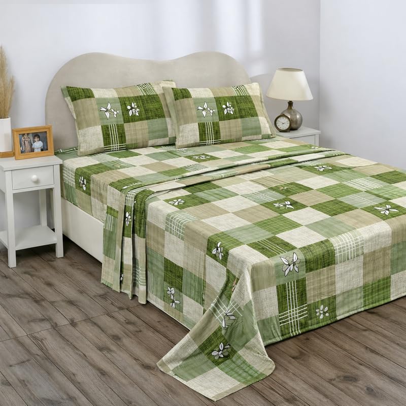 Image of BSB HOME Double Bedsheet 144 TC Microfiber with 2 Pillow Covers | Smooth, Lightweight & Quick-Dry Bed Sheet Set | Comfortable Bedding for Home, Guest Room & Daily Use - Olive Patchwork