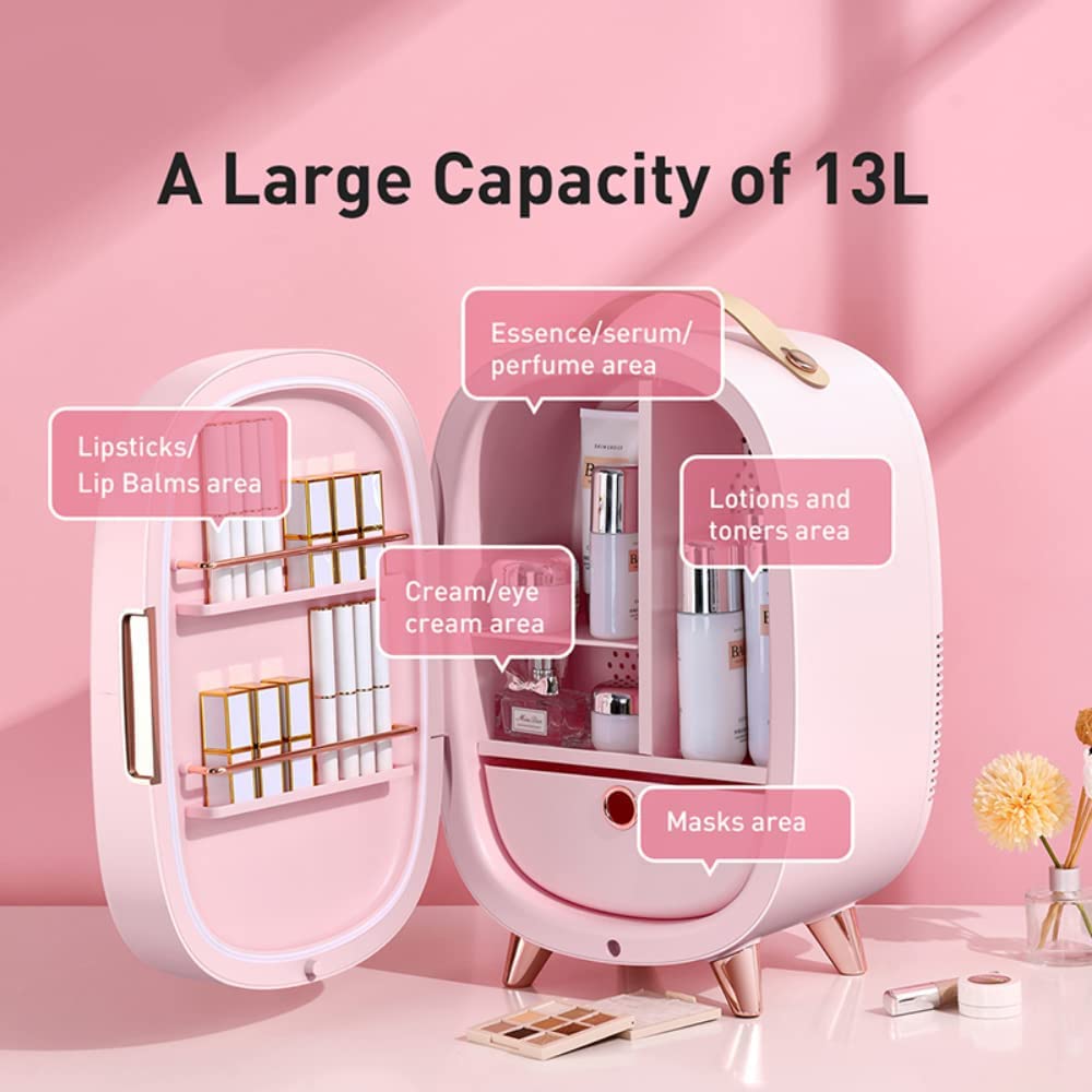 Mini Nevera - Mini Nevera de Belleza LED con Espejo Refrigerador de Maquillaje cosmético Profesional portátil con Espejo para el Cuidado de la Piel (13L Rosa)