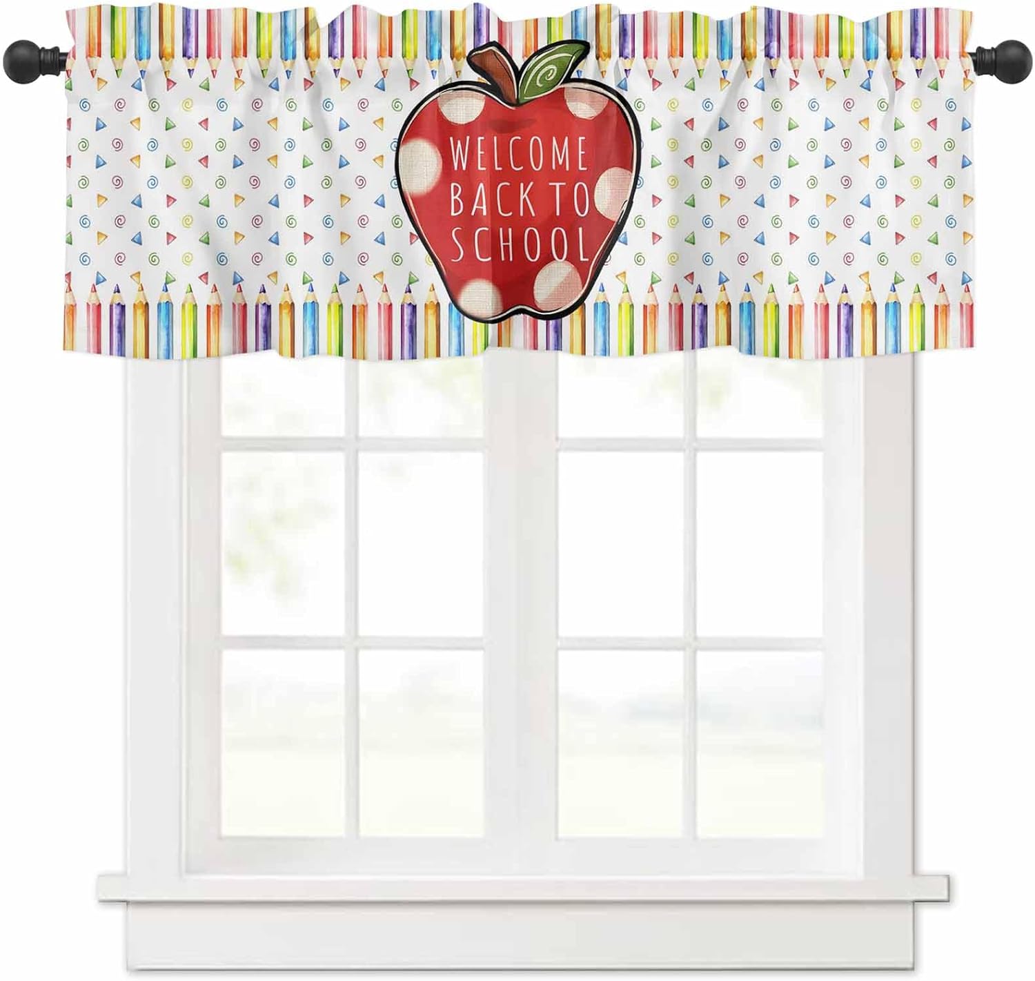 Kitchen Cafe Valance Curtain for Small Windows,Back to School Season Rod Pocket Short Blackout Curtains,Watercolor Pencil Apples Darkening Window Treatment for Living Room Bedroom Bathroom
