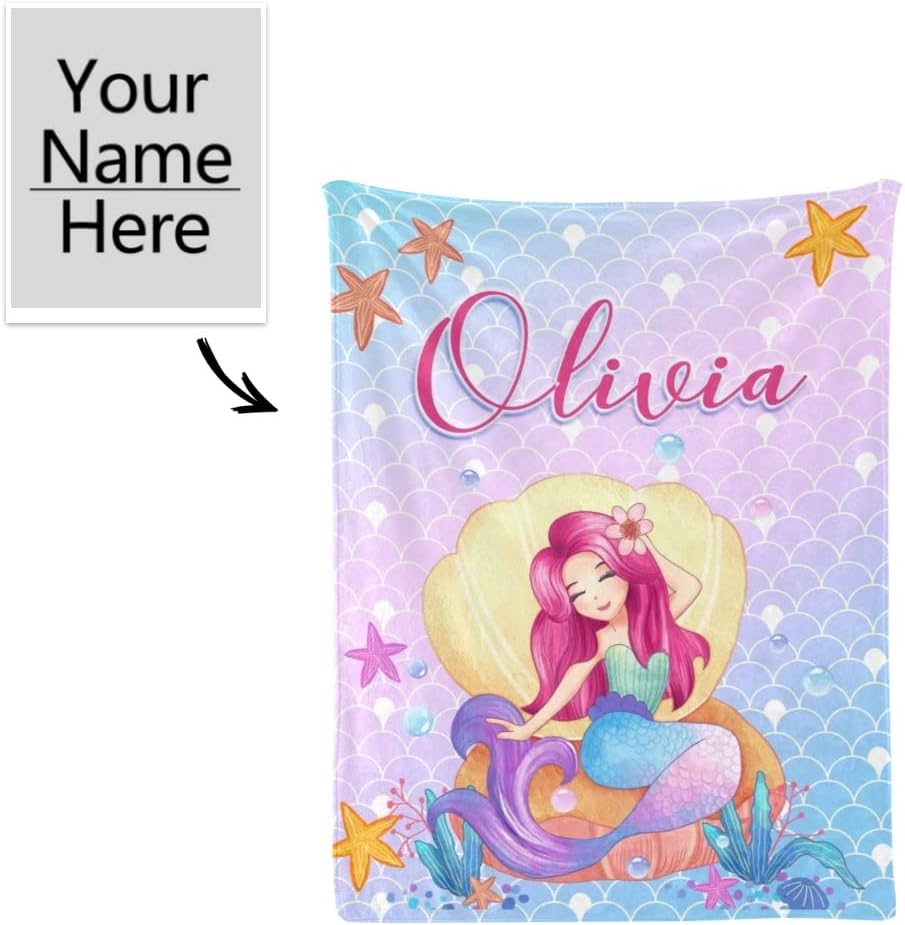 Personalized Baby Blankets with Name - Mermaid Baby Blankets for Girls -Custom Flannel Toddler Blanket (Name 3, 60" x 80")