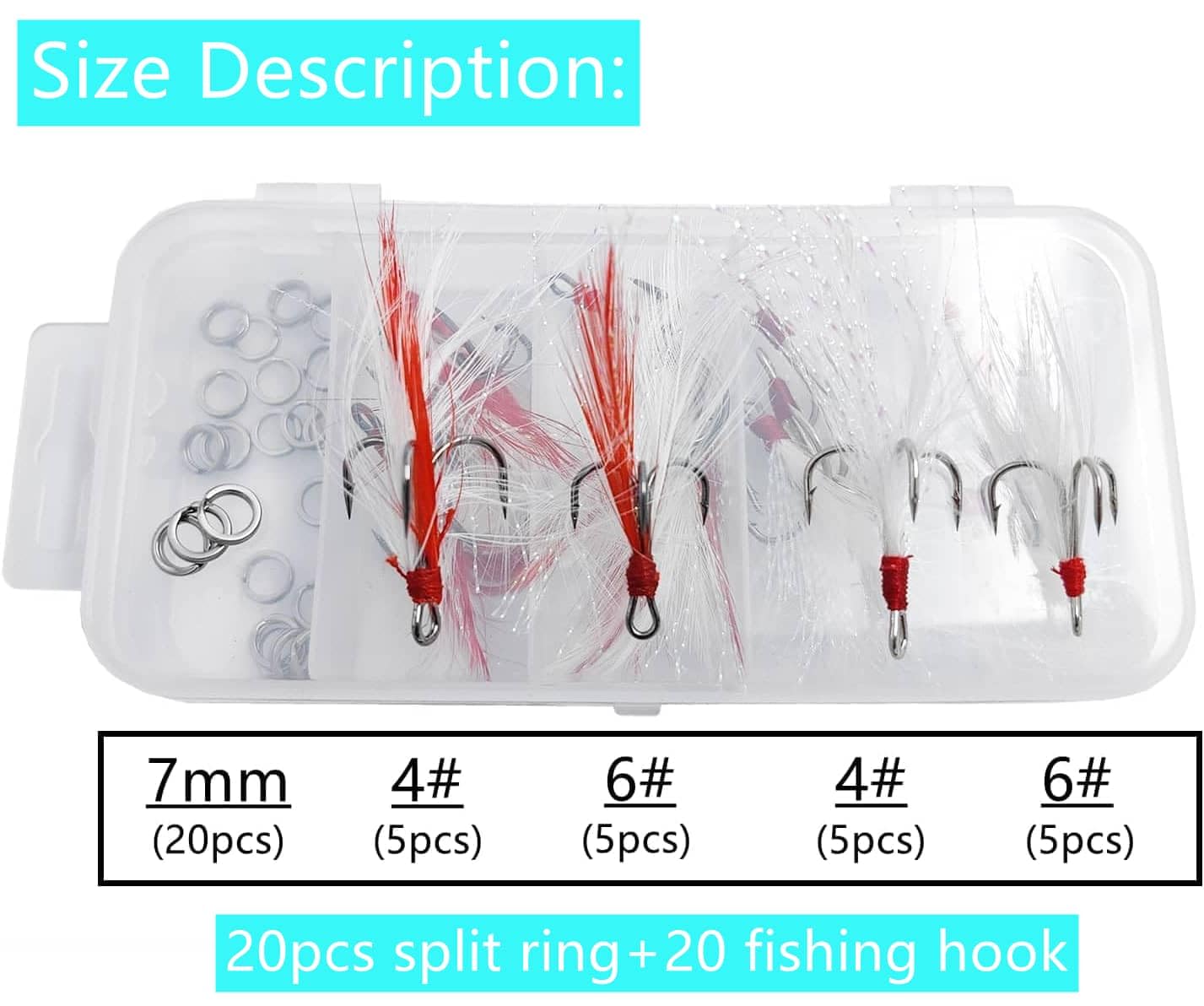 Fishing Treble Hooks Feather Dressed Size 4 6 Set including Split Rings for Fishing Lure Making kit, Nickel,Red,White - Image 4