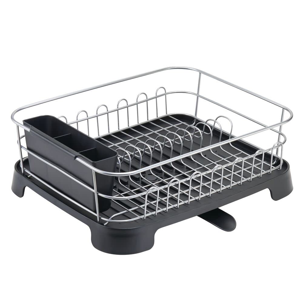 mDesign Égouttoir à Vaisselle en métal avec Plateau d'égouttage en Plastique, Porte-Couverts, égouttoir à Vaisselle et égouttoir pour la Cuisine, argenté/Noir
