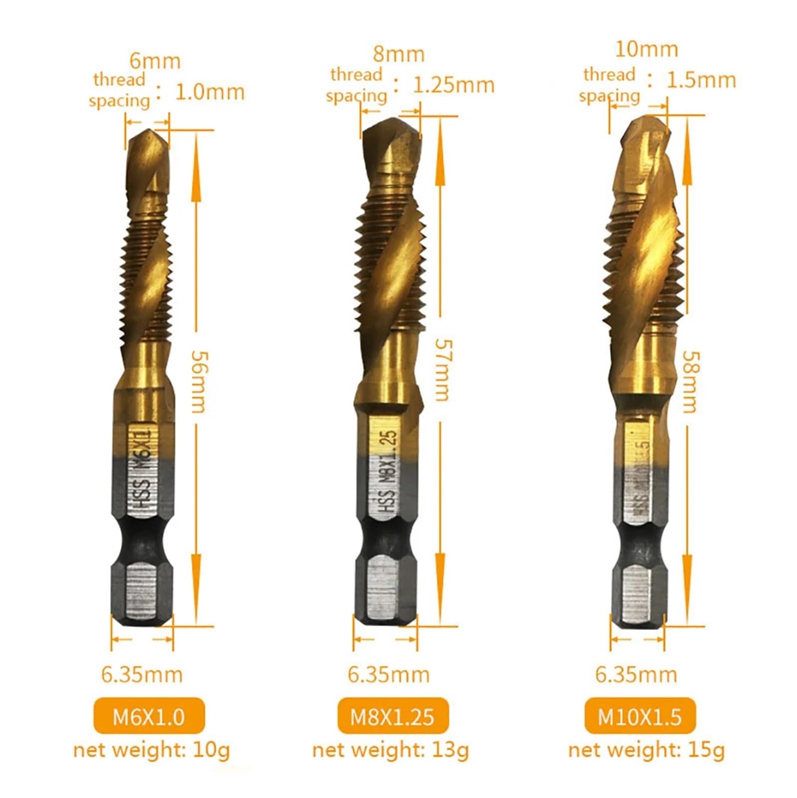 1-6 pezzi maschi for trapano con gambo esagonale placcato in titanio HSS for filettatura metrica punte for maschi for macchina for viti composte M3 M4 M5 M6 M8 M10 utensili manuali(SilverX6)