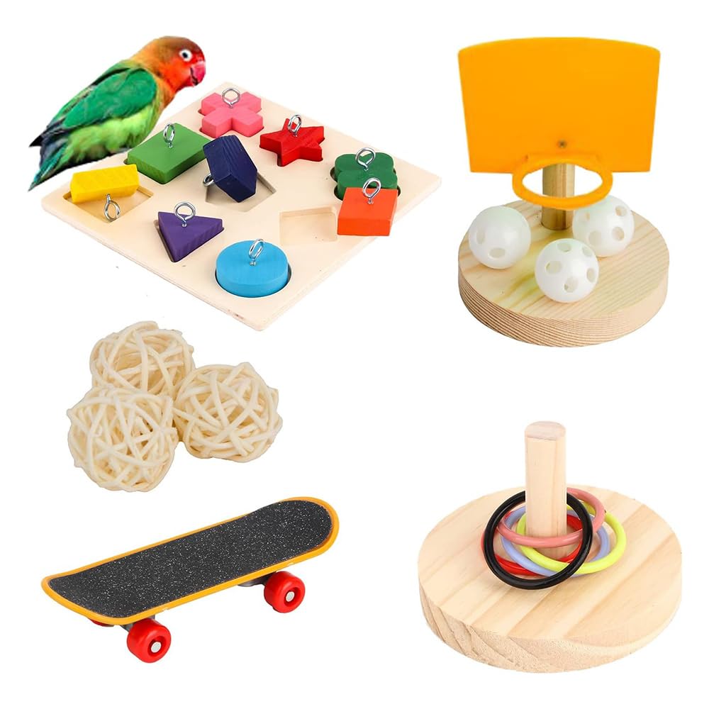 Hsthe Sea 4 Pcs Parrot Chew Bird Bauble Ring Basketball Hoop Skateboard Set for Budgies Cockatiels Parakeets Bird To-y Accessories