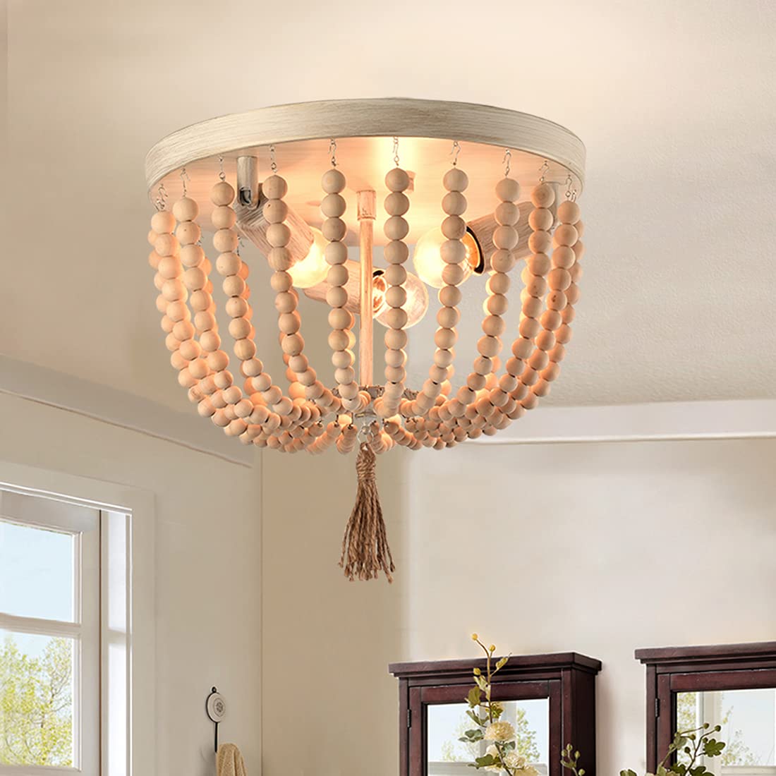 Buy Wood Beaded Chandelier Farmhouse Chandeliers Flush Mount Ceiling