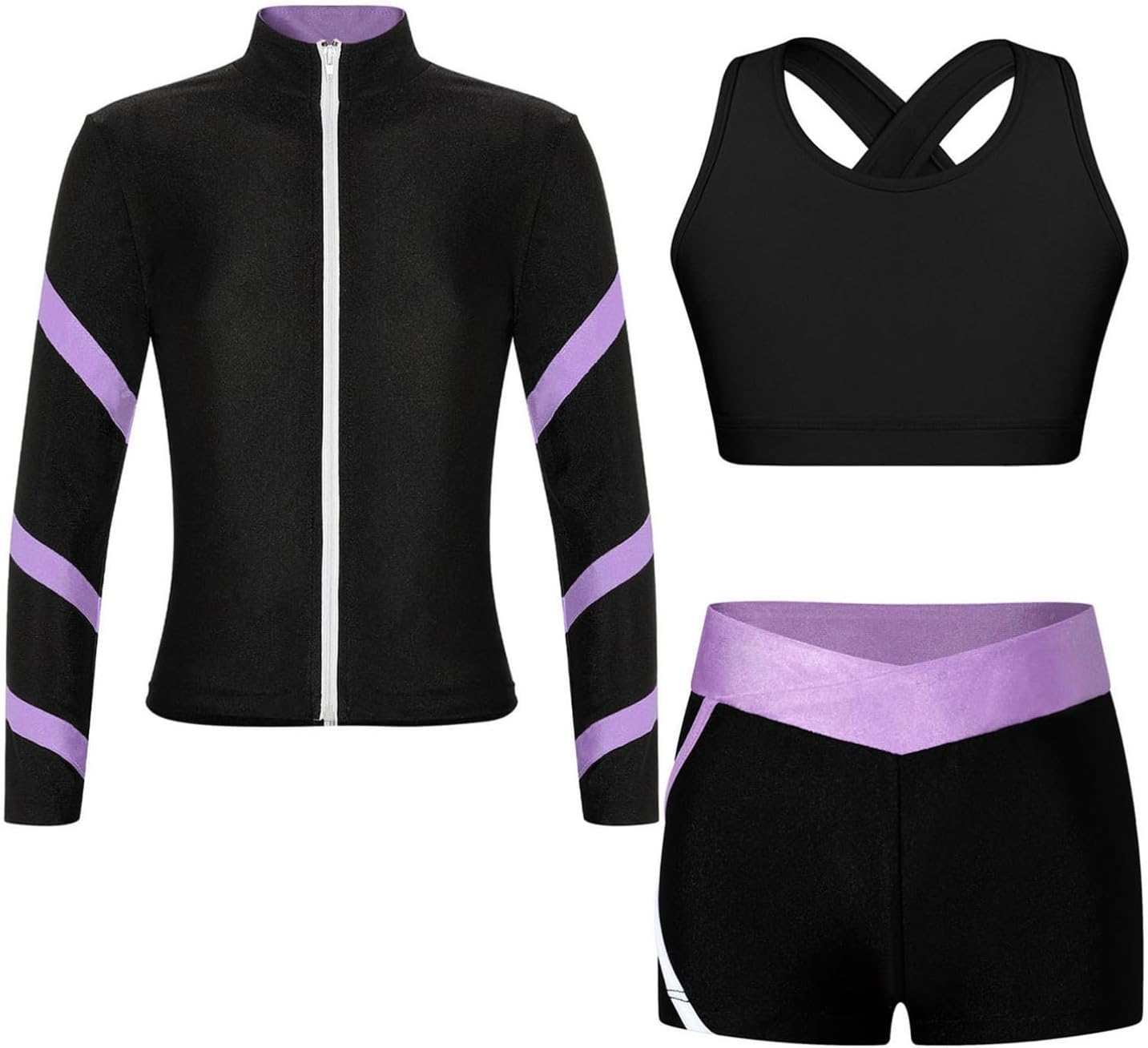 Yhong Kids Girls 3Pcs Yoga Workout Running Outfits Long Sleeve Zipper Jacket U Neck Tank Top and V-Front Shorts Set