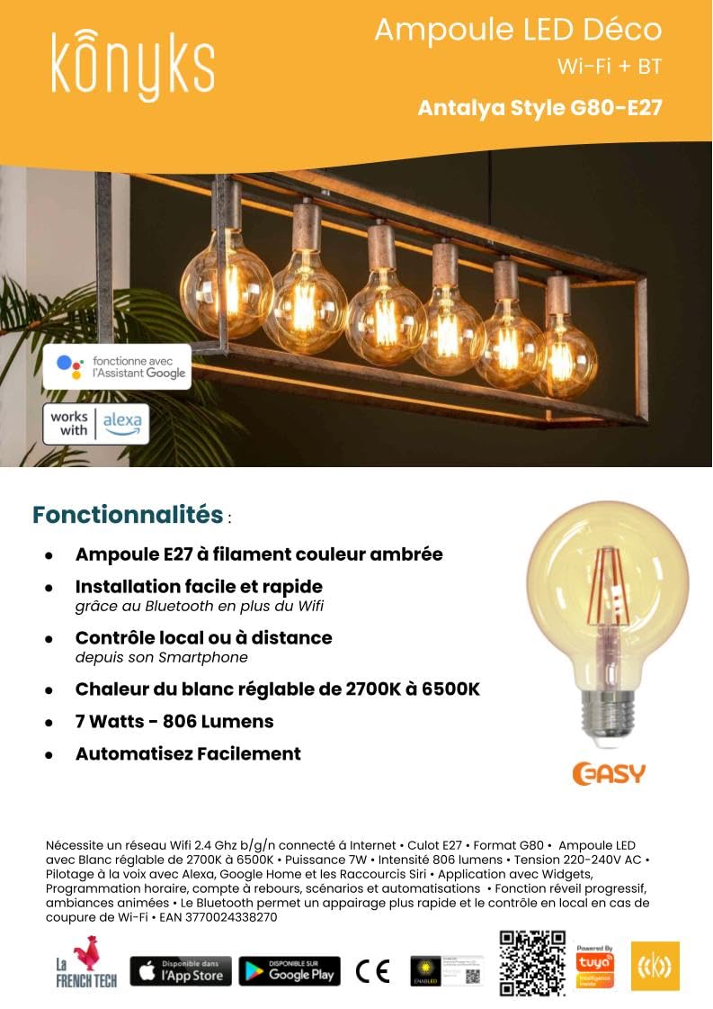 Konyks Antalya Style G80 Amber Color Smart Żarówka LED WiFi + BT, kompatybilna z Alexa i Google Home, łatwa automatyzacja
