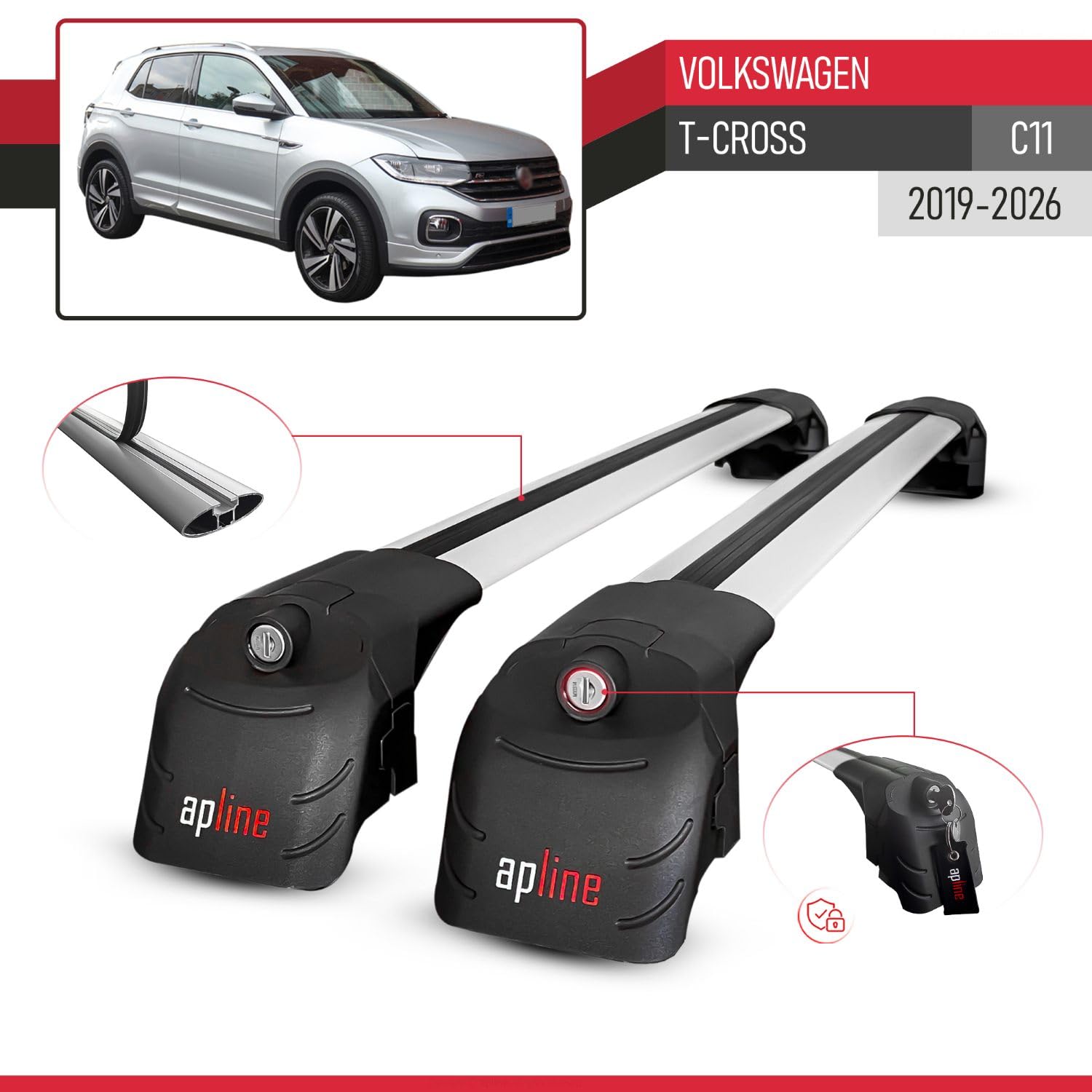 Compatible con Volkswagen T-Cross (C11) 2019-2026 Modelo Ace-2 Barra de Techo Auto Portaequipajes Barras Transversales Gris Aluminio 2 Barras