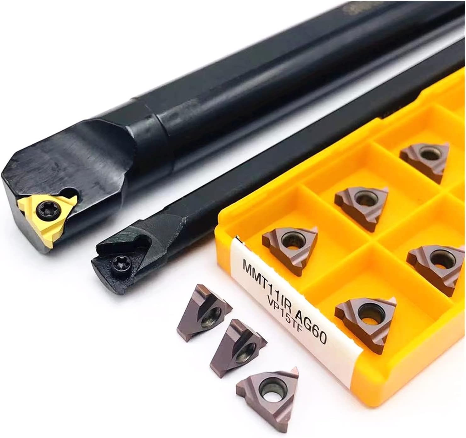 KIRANDY 1PCS Internal Thread Tool Holder + 10PCS Carbide Insert 11IR AG60 Alloy Lathe Tool (Angle : No Holder, Shank Diameter : MMT11IR AG60 US735)