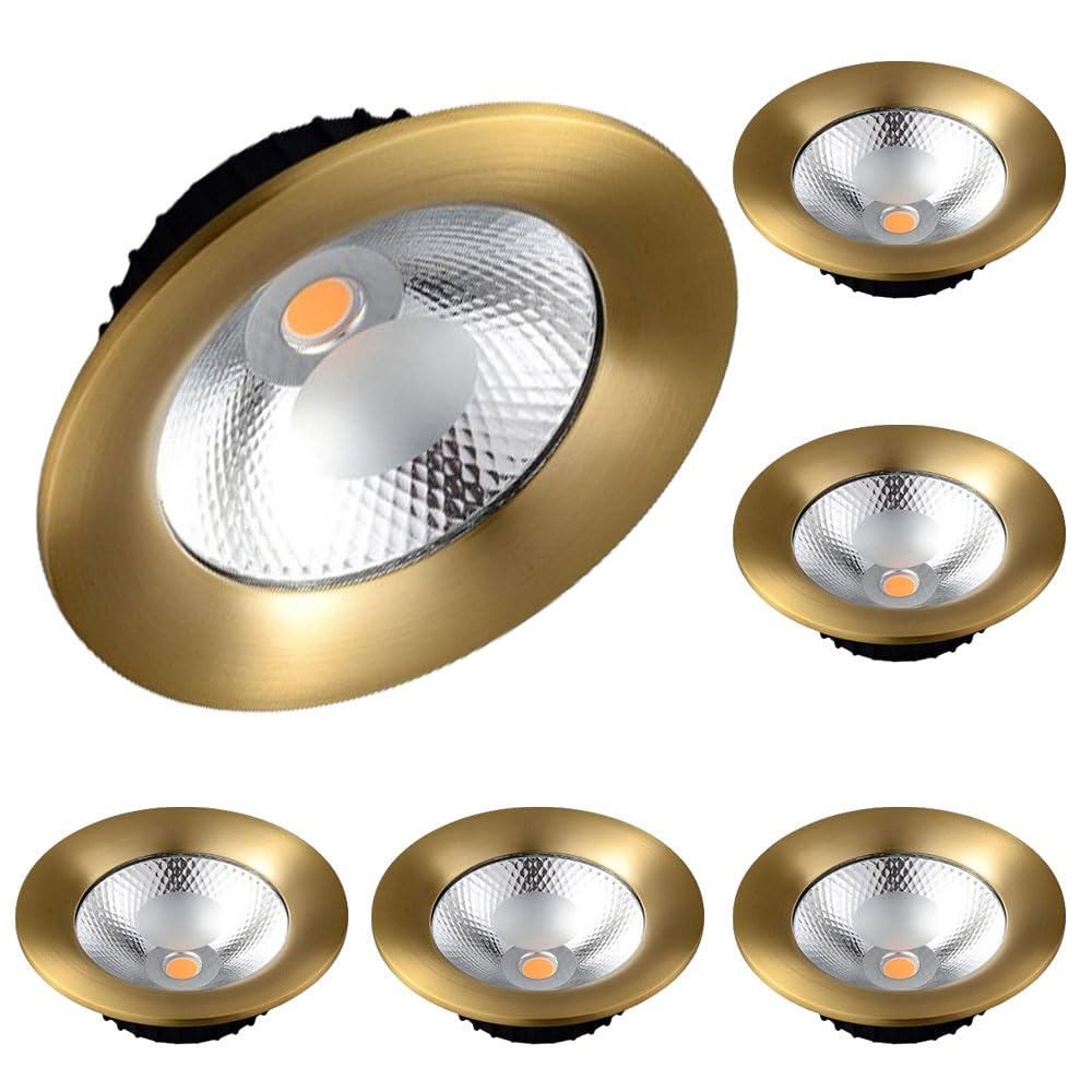 ASerZenith 6 Pcs Round Downlight Luminaire, Brushed Brass Finish, Led Recessed Light Fixtures Dimmable 3000K-6000K, 12W Eyeball Retrofit Spotlight, Cri 90+, Baffle Trim,Gold