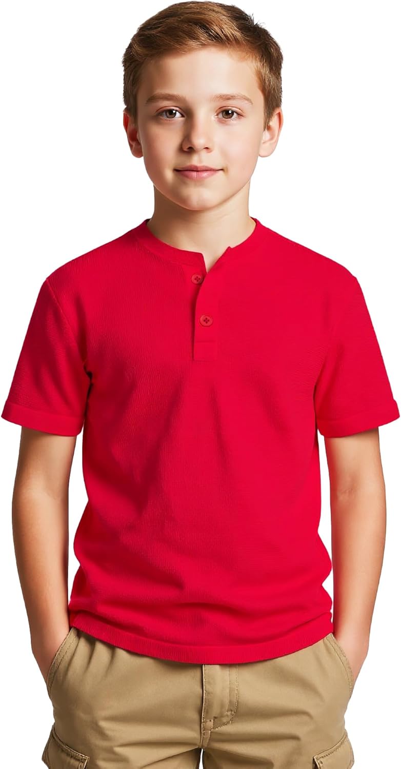 Boys Henley Short Sleeve Shirt Waffle Knit Tee Cotton Blend Button Front T-Shirt Br...