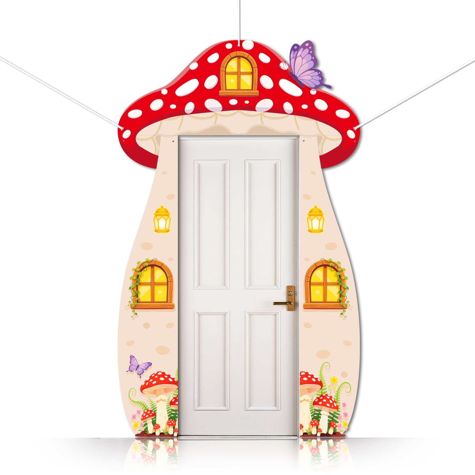 CUTHOLLOW 3PCS Mushroom House Porch Sign Banner, Butterflies Ferns Pattern Party Decorations Hanging Welcome Door Banner for Photo Backdrop Birthday Party Supplies