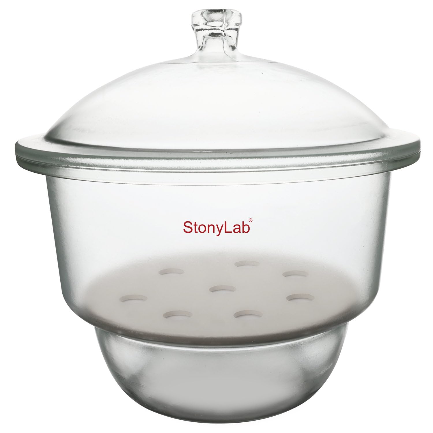 StonyLab 11.8 Inch Glass Lab Desiccator with Porcelain Plate & Knob Cover - Durable for Drying & Storage