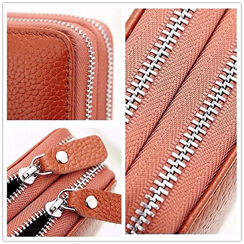 Genuine Leather Unisex Credit Card Holder Wallets for Women Double Zipper Card Bag (Khaki)3