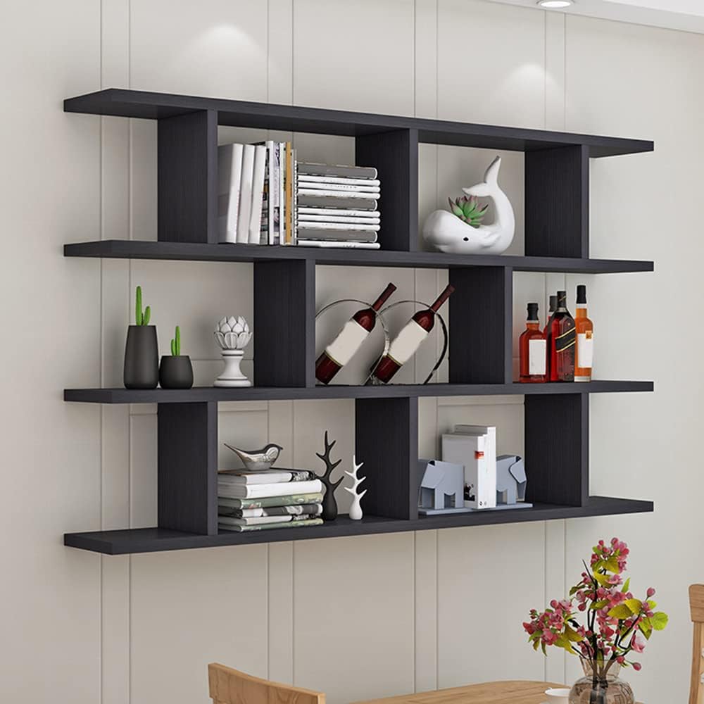LITFAD 3-Shelf Modern Wood Bookcase Floating Shelf for Wall Storage Wall Mounted Book Shelf for Living Room Study Room Office - Black 31.4" L x 5.9" W x 37.9" H