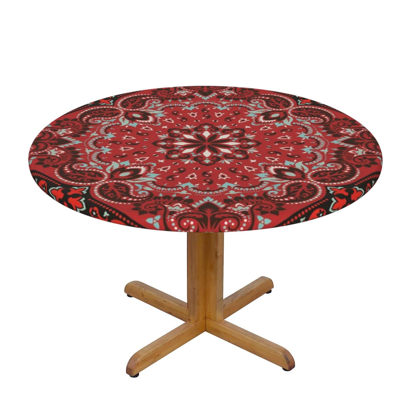 Lsjuee Round Fitted Tablecloth 45-50in Elastic Edged Table Cloth for Kitchen Dining Party Home Decor - Paisley Vintage Textured Red