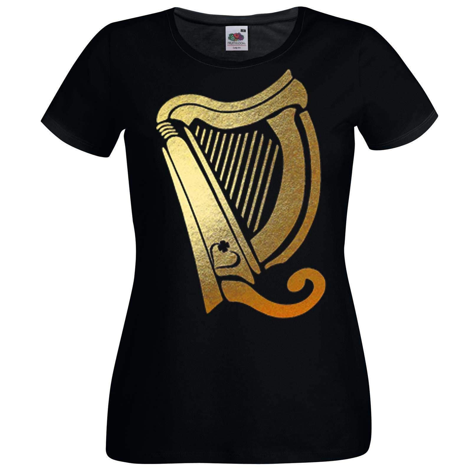 Go-Tshirts Women's Black Golden Irish Harp Celtic St Patricks Day Ireland Lady Fit T-Shirt [M]