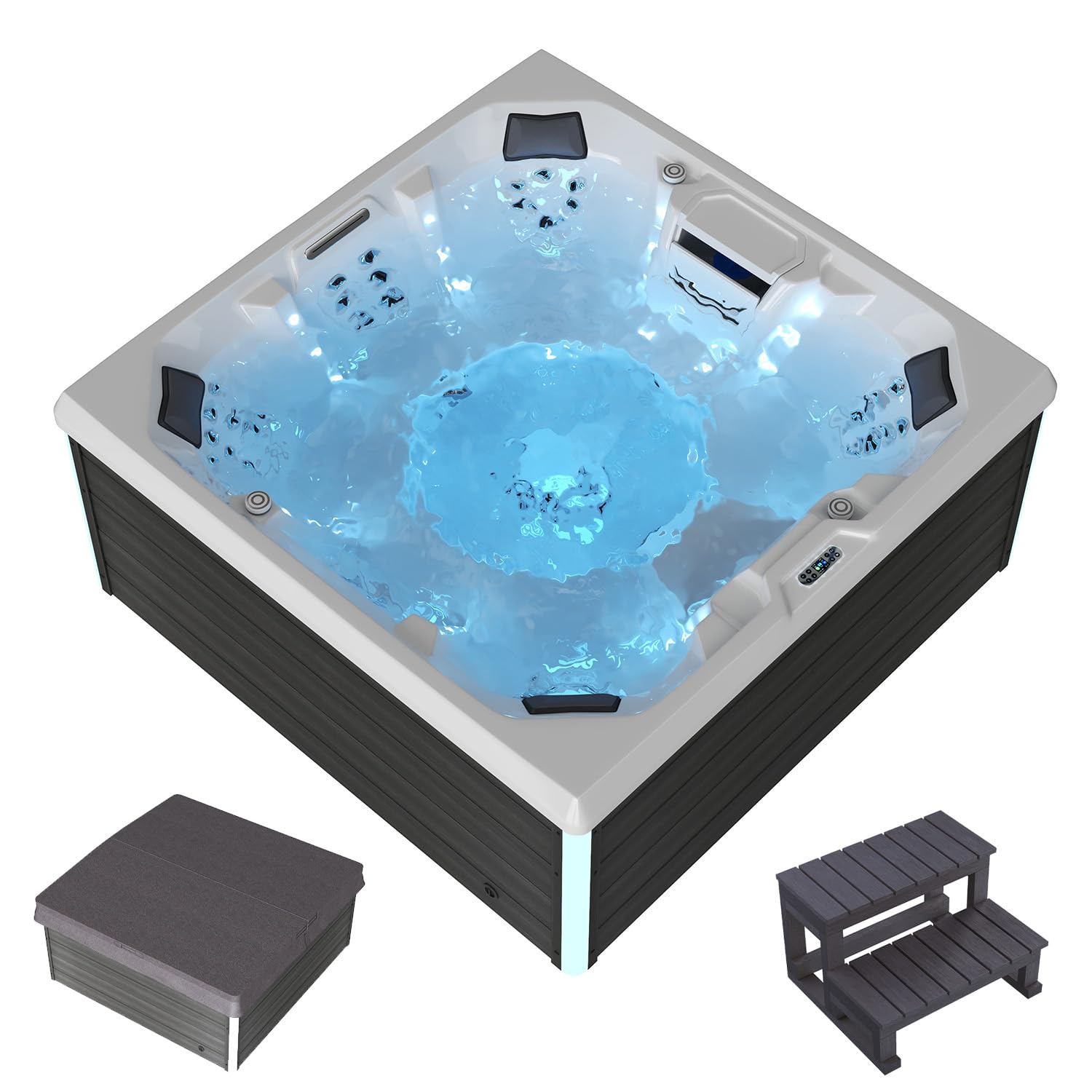 Tronitechnik® Outdoor Whirlpool Spa TORCELLO außen Badewanne weiß 210cm x 210cm mit Heizung, Hydromassage und Farblichtherapie