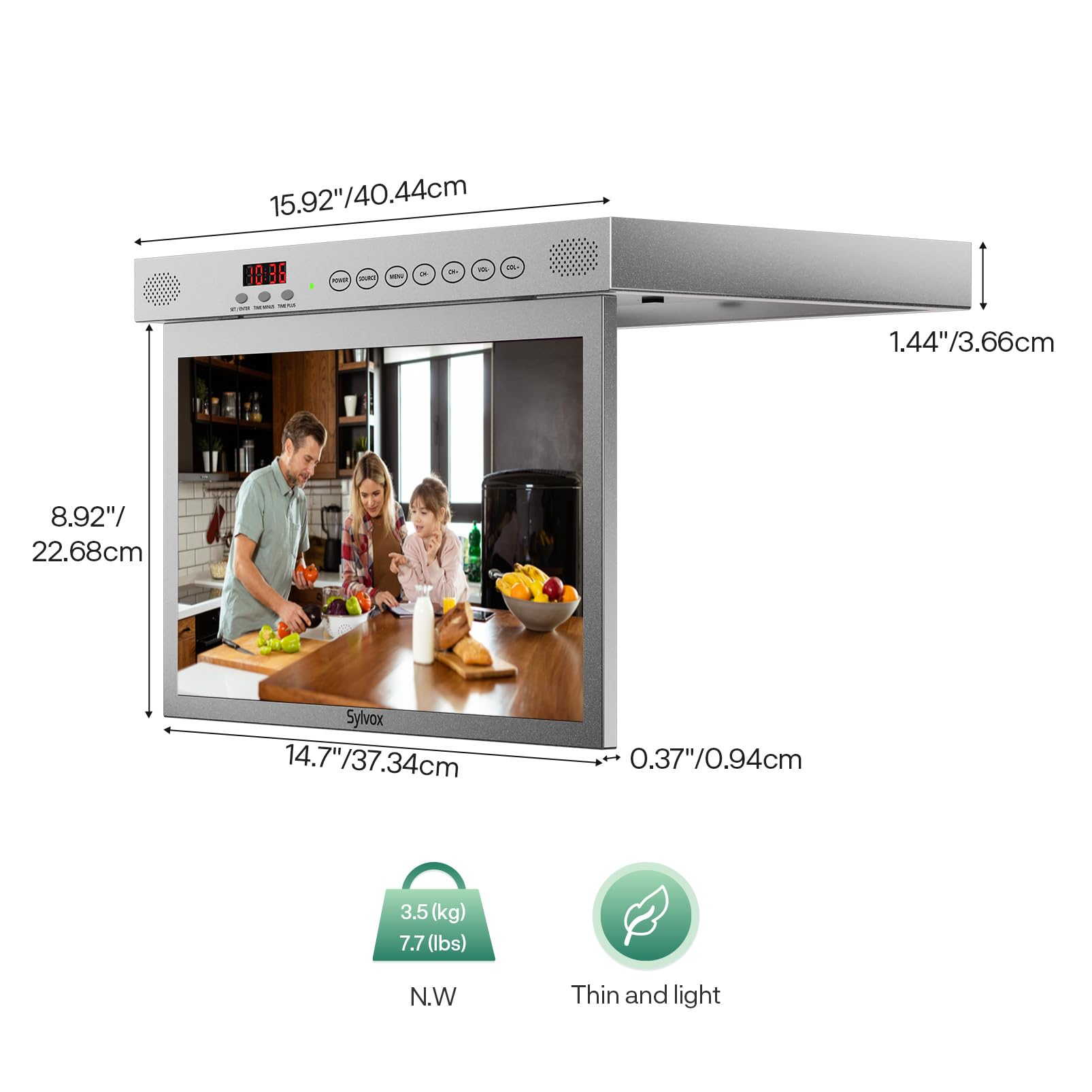 SYLVOX 15.6" TV per Cucina Ribaltabile,1080P FHD, Google 12V TV - Argento | Mini TV Pieghevole a 90°, Girevole ± 180°, DVB-T2/S2, HEVC 10 | USB | Kitchen Televisione per Camper, Camera