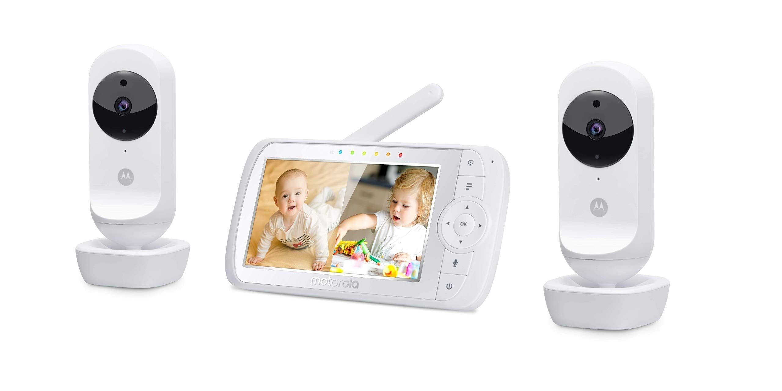 Motorola Nursery VM35-2/Ease 35-2 Baby Monitor con 2 Telecamere, Schermo da 5.0 pollici, Display a schermo diviso, Visione Notturna, Comunicazione Bidirezionale, Monitoraggio Temperatura, Bianco