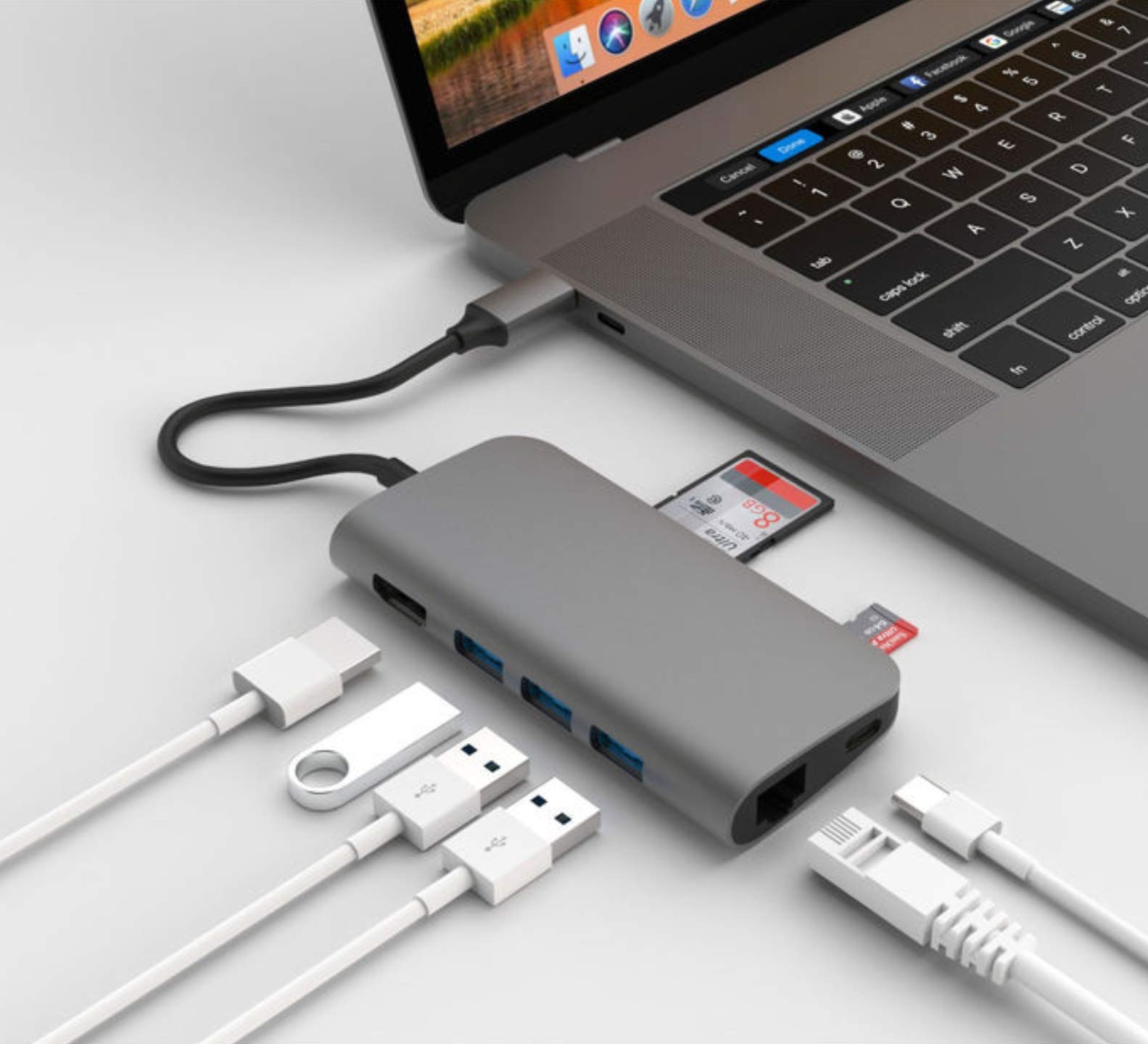 AddictedAD003EI 8 Hub USB-C 2.0, 3x Usb 3.0, Micro SD, SD, 4K HDMI and Ethernet - Grey (Pack of1)