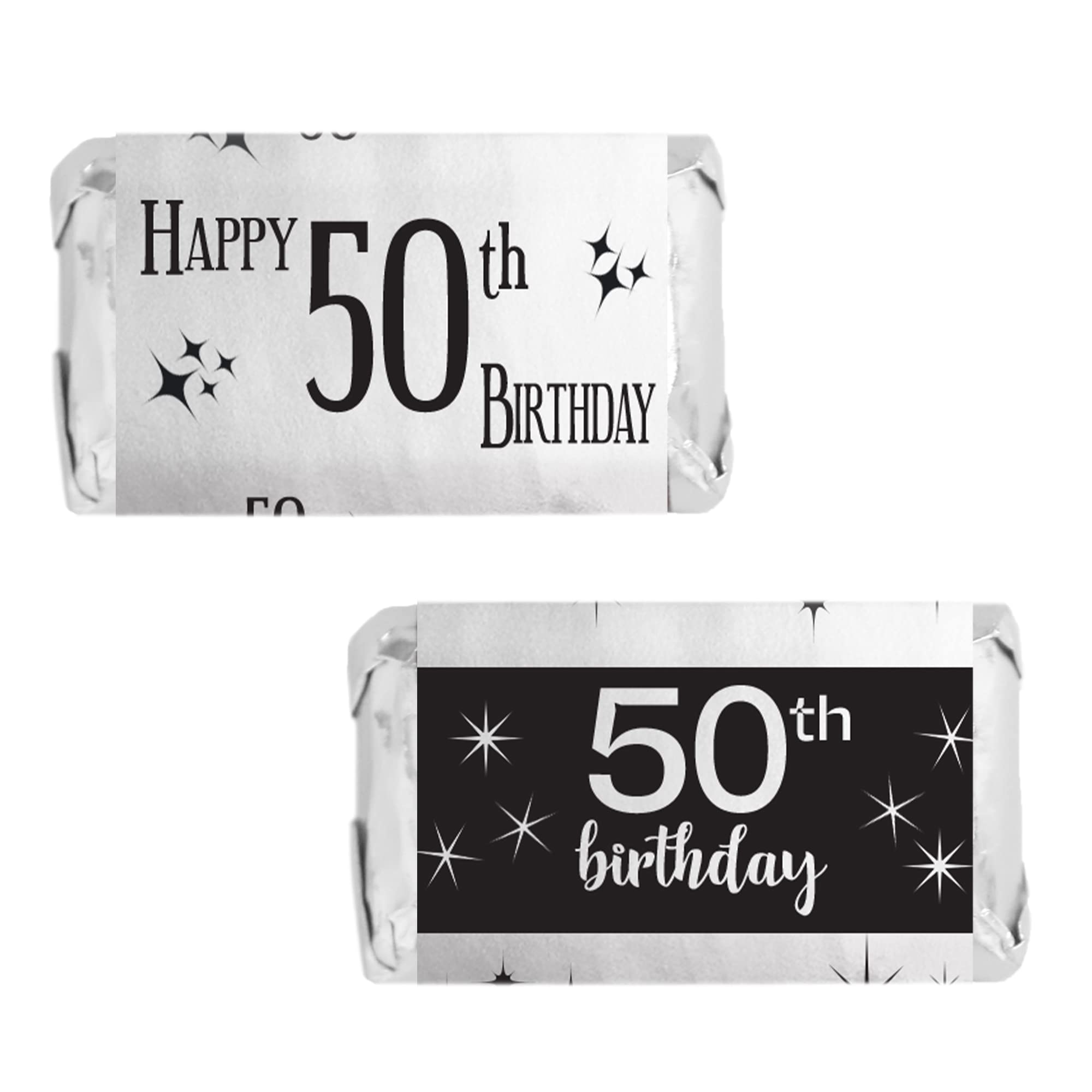 50th Birthday Mini Candy Bar Wrappers – 45 Black and Silver Foil Stickers – Chocolate Labels for 50th Birthday Party Favors – Shiny Party Candy Decorations for Men or Women