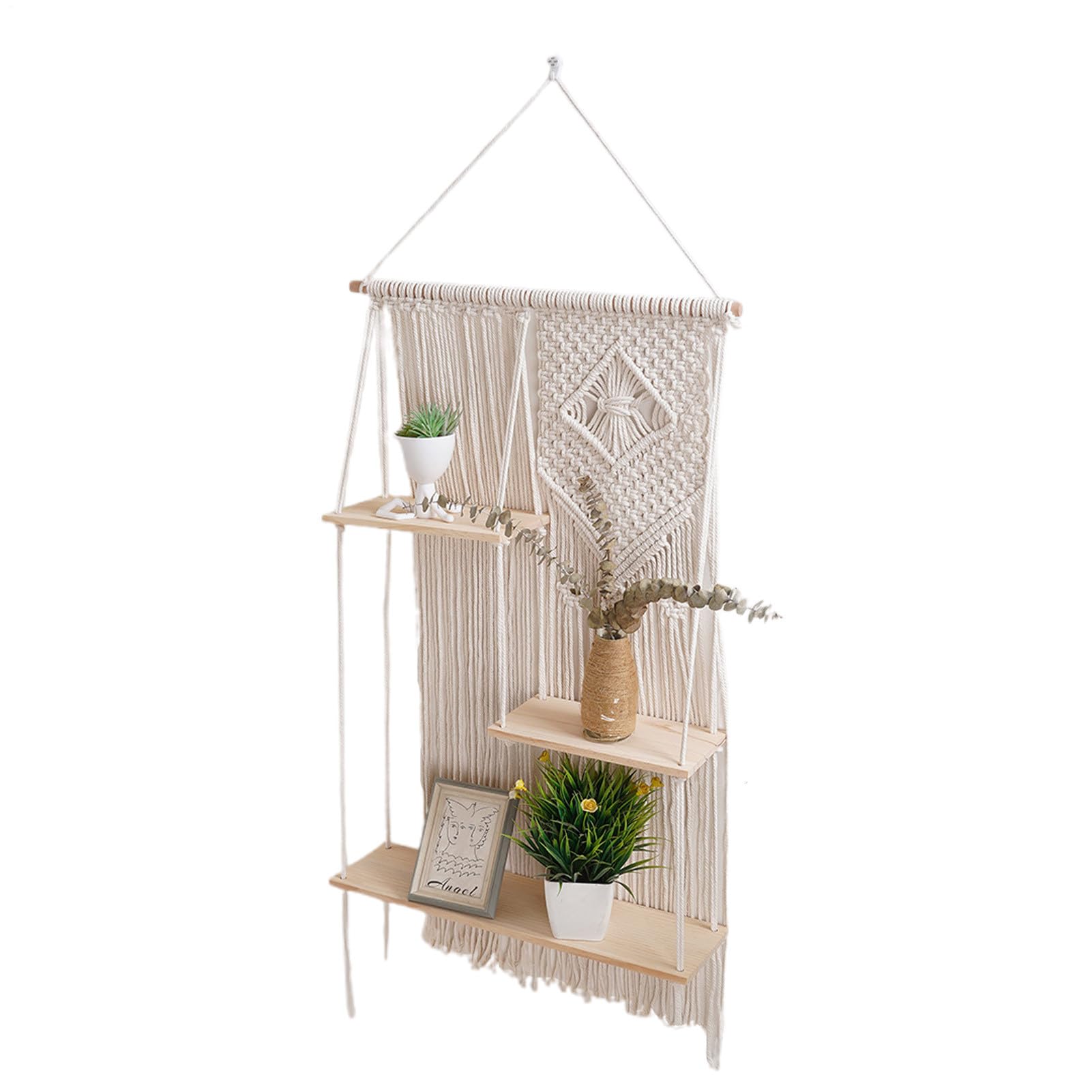 Étagère murale Boho à 3 niveaux en macramé pour décoration et rangement rustique