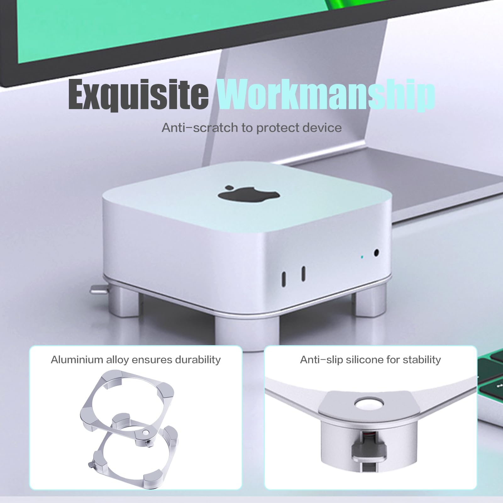 Supporto in alluminio per Mac mini M4/M4 Pro, con pulsante di accensione facile da raggiungere, ventilazione migliorata e dissipazione del calore, design antiscivolo stabile per un lavoro sicuro ed