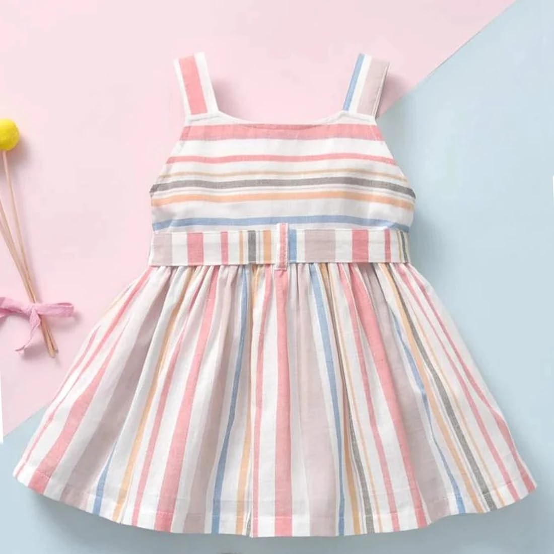 GORLYA Girls Muslin Frock | Pastel Striped Sleeveless A-Line Dress with Bow | Knee-Length Lightweight Party Outfit for Kids | Birthday, Festive & Summer Occasions 1
