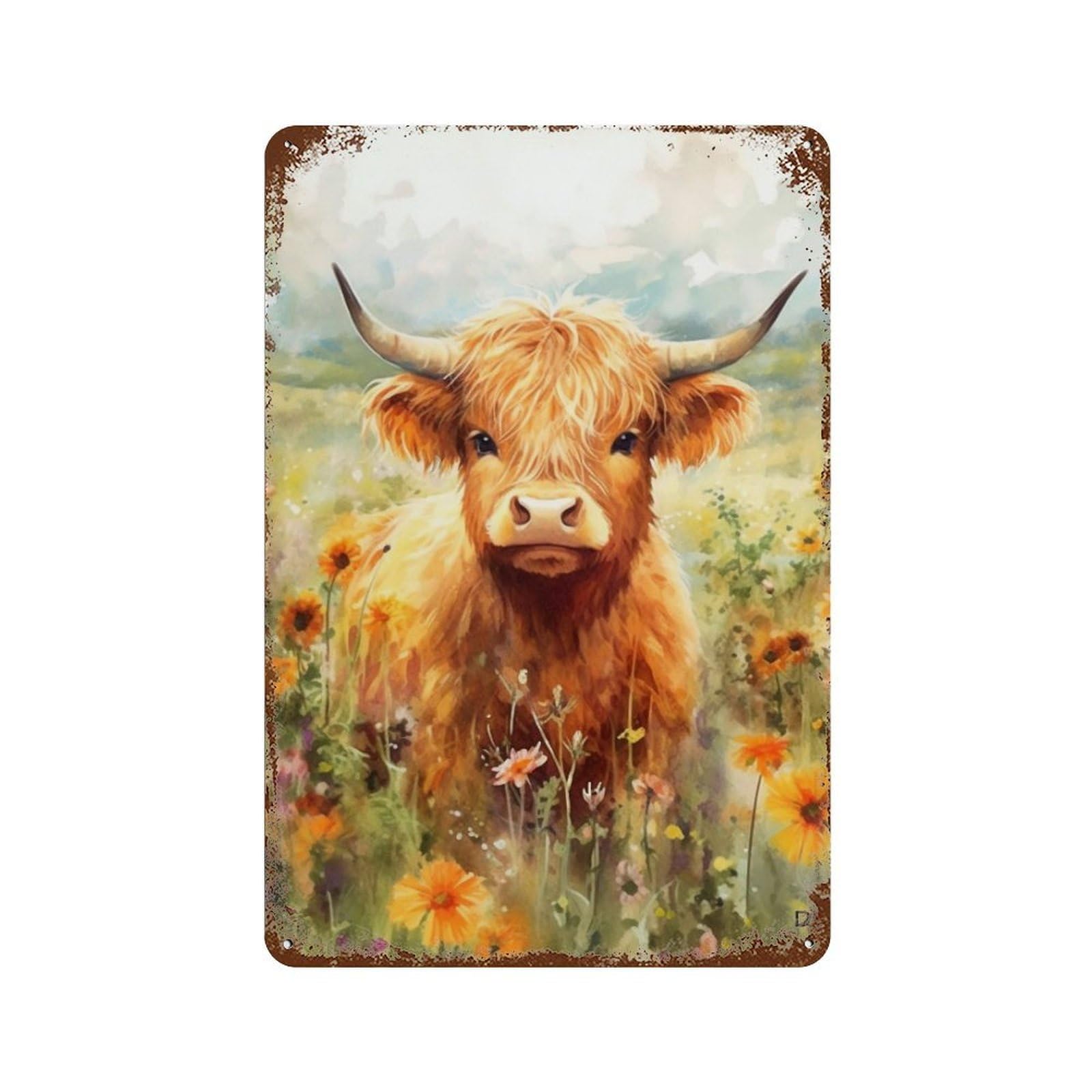 Rusty Metal Tin Sign with Highland Cow in Flower Field-3 Design 11.8"x7.9", for Shed, Workshop And Garage Wall Decor, Classic Wall Plaque