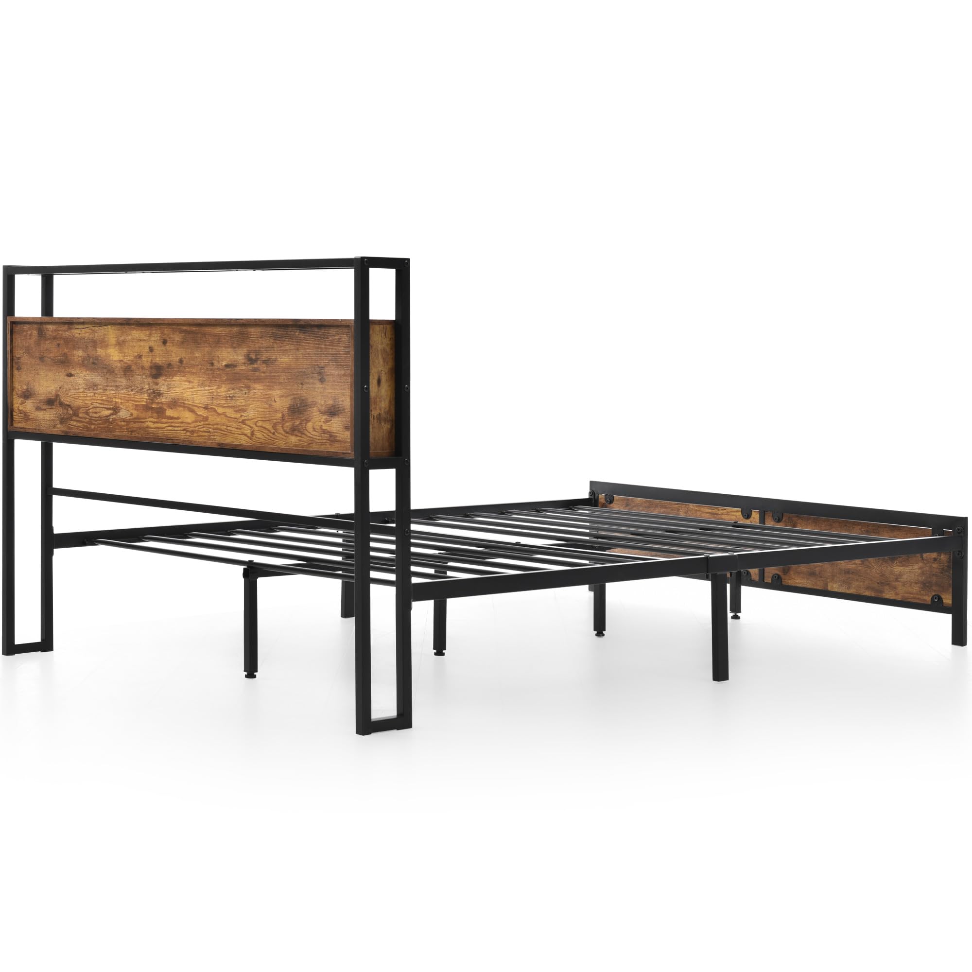 Letto Matrimoniale In Metallo 140x200 Cm Con Testiera E Doghe - Struttura Con Contenitore, Colore Legno - 2