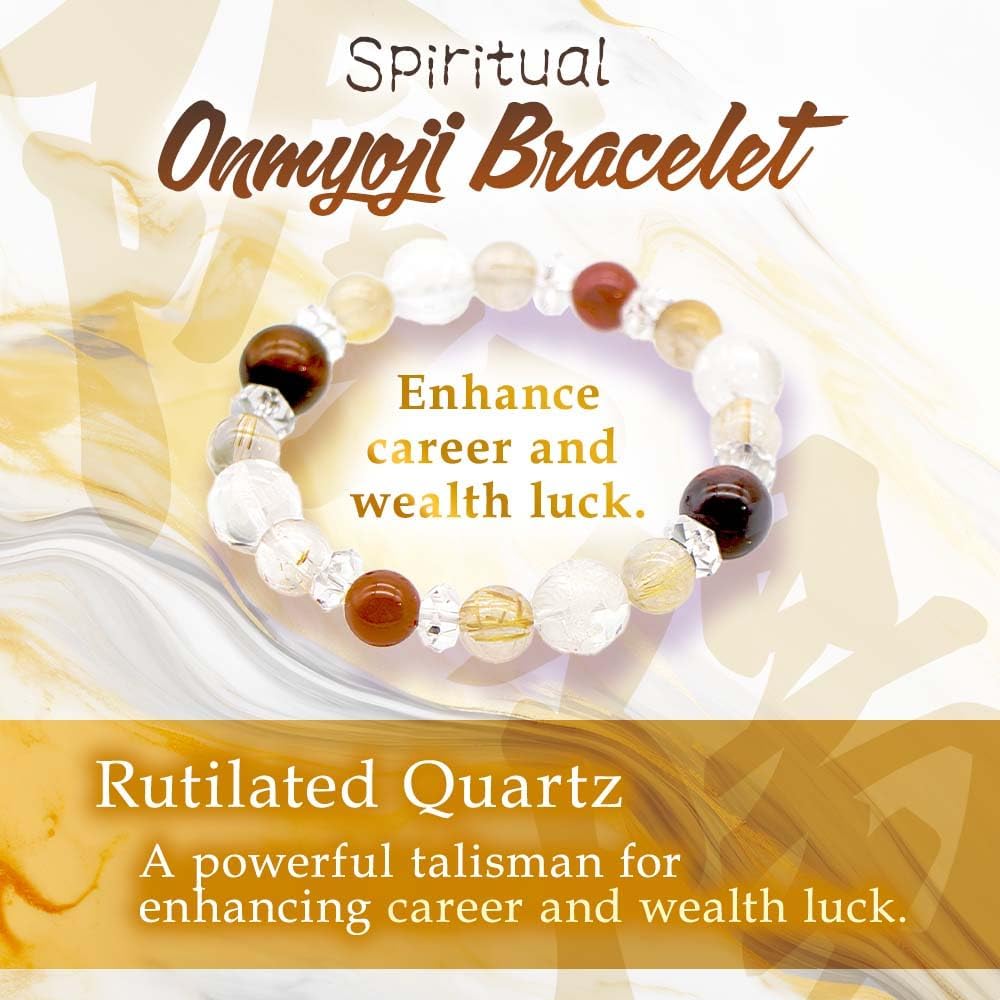 Spiritual Onmyoji Bracelet for Women -Wealth Career Success and Fortune - Healing Crystals Energy Bracelet with Guardian Stones, amulet Rutilated Quartz & Red Tiger’s Eye - Good Luck Charm, Made in Japan - - Mystic Link