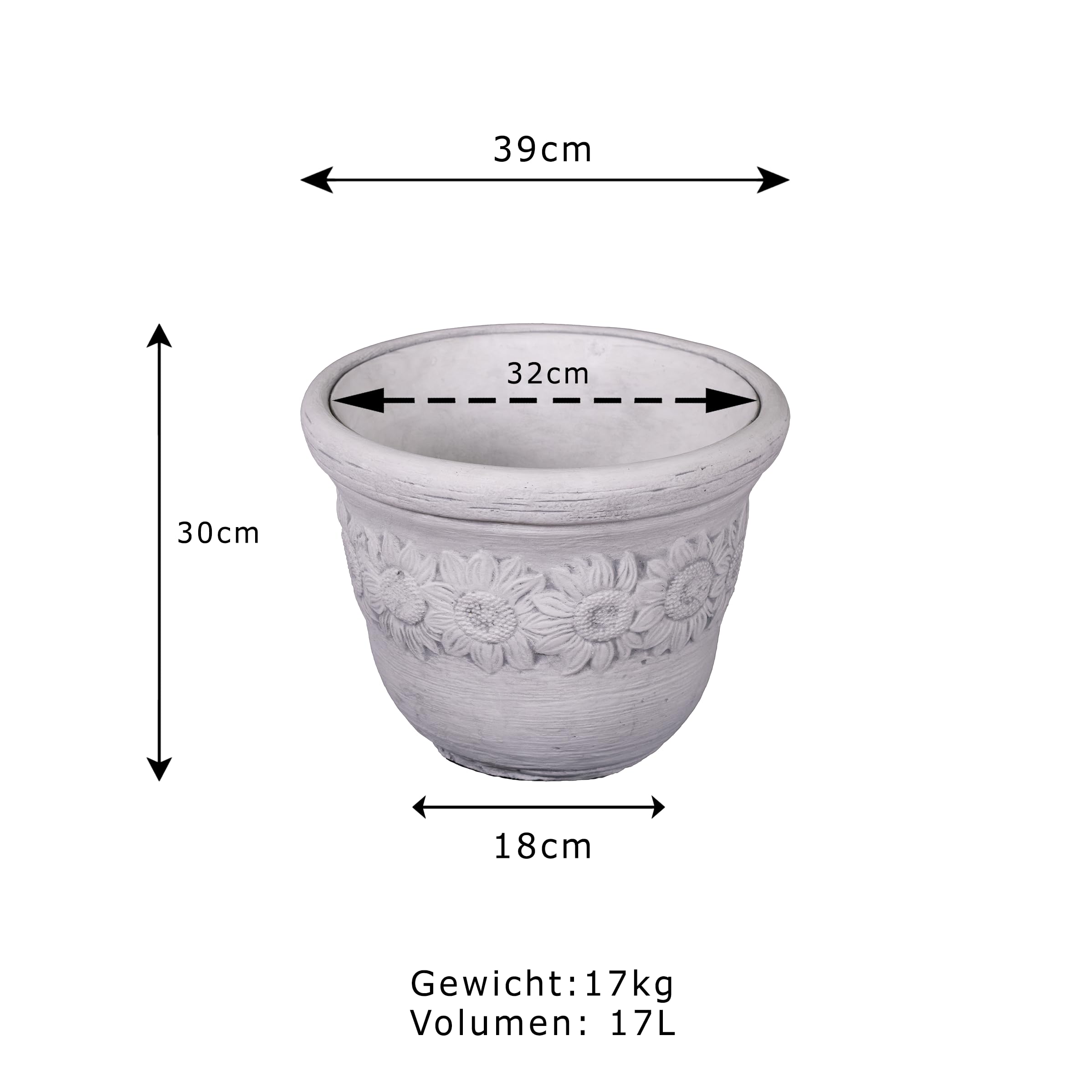 gartendekoparadies.de doniczki z motywem słonecznika, zestaw doniczek z żeliwa, wys. 35 cm, 29 l, 23 kg, szare, odporne na mróz, do użytku na zewnątrz (dł. / 17 l)