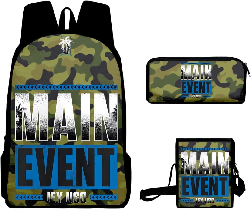 Jey Uso Main Event 3pcs/set Rucksack Crossbody Bag Women Men Casual Backpack 3D Outdoor Packsack (Camouflage,One Size)