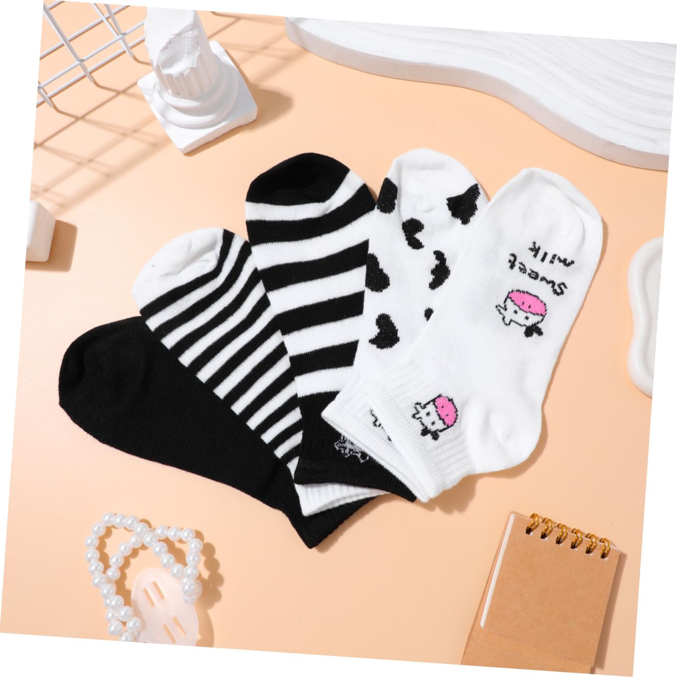 VANZACK 5 Pares Calcetines Cortos Mujer de Algodón Transpirable con Estampado de Vaca Diseño Divertido para y Verano Calcetines Tobilleros Cómodos y