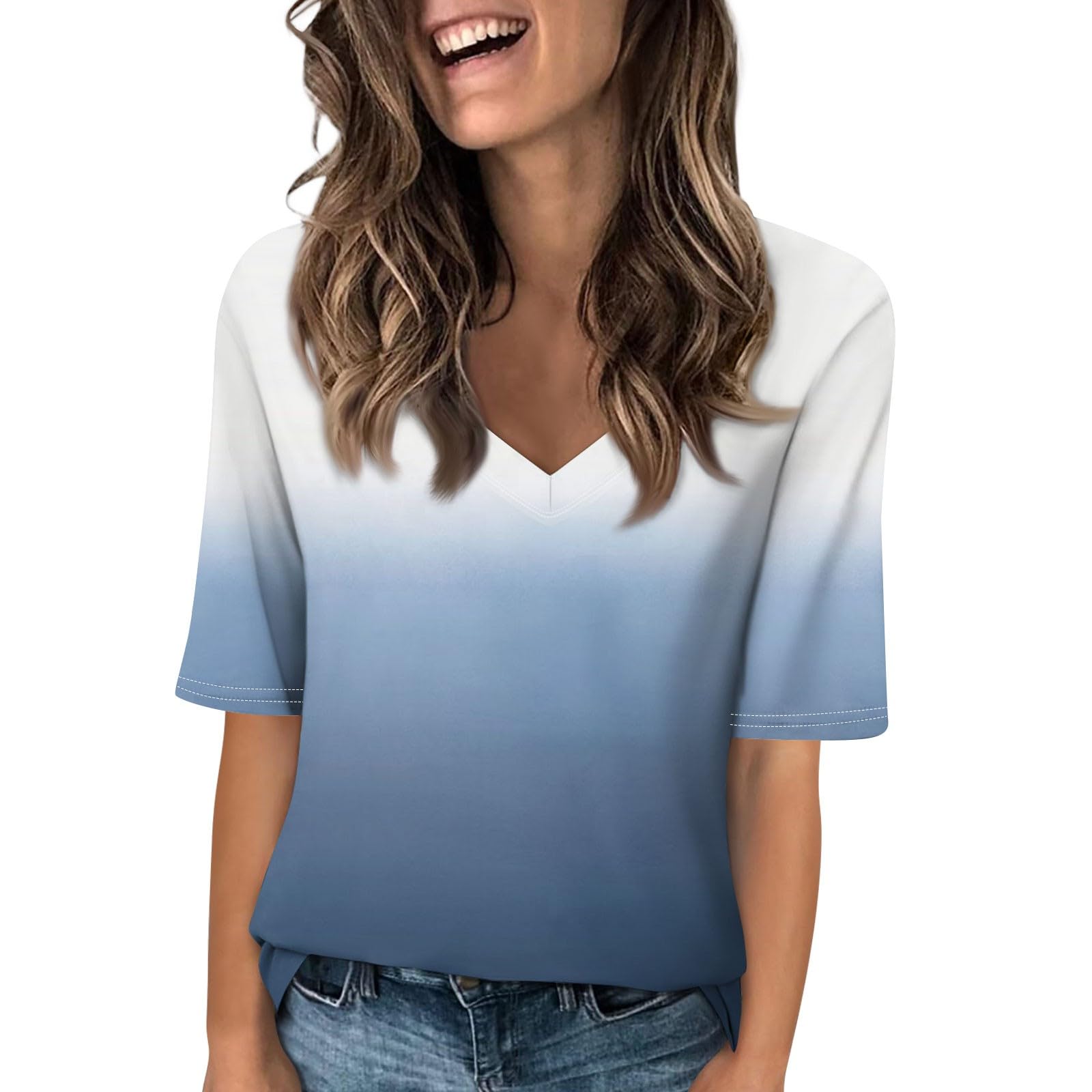 Women Short Sleeve V Neck T Shirts Spring Summer Elbow Length Tops Basic Casual Blouses