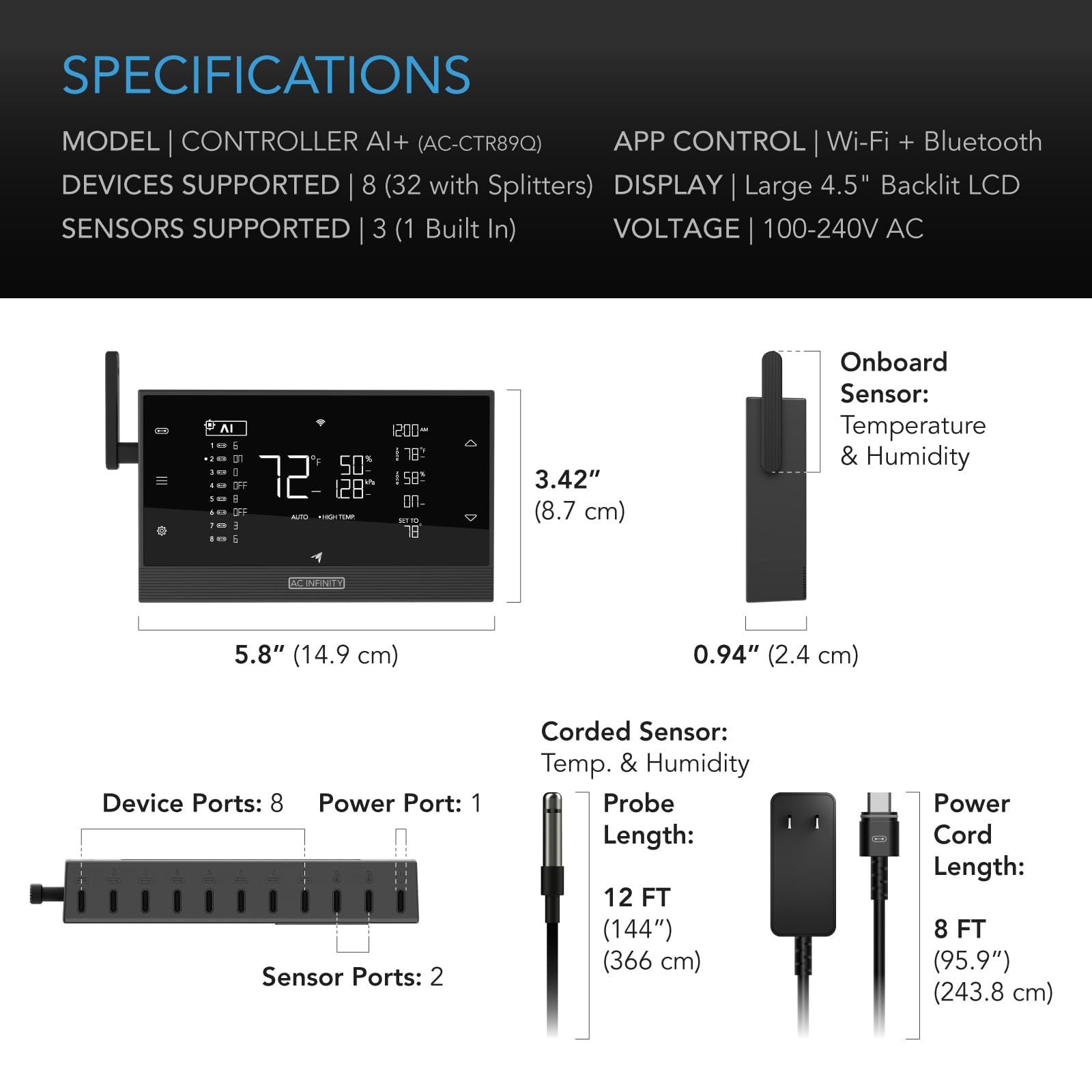 AC Infinity Controller AI+ controlador ambiental, controles dinámicos de IA para dispositivos de crecimiento, alertas de conocimientos, análisis de datos con aplicación WiFi, automatizaciones