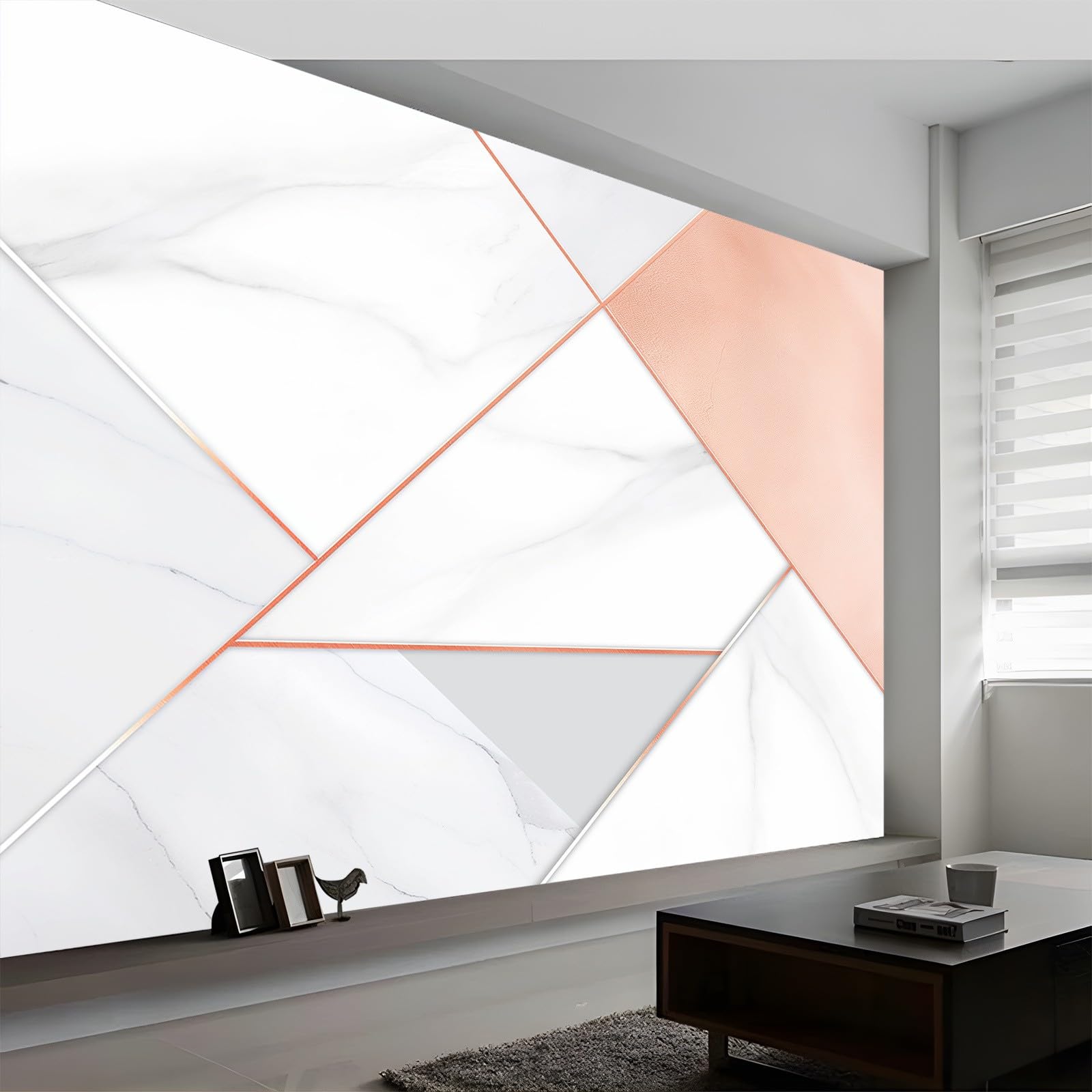 Panoramiczna tapeta mural, 400 x 280 cm (szer. x wys.), plakat ścienny, biały, geometryczny marmur, fototapeta, efekt 3D, tapeta w kolorze różowego złota, dekoracja plakatowa do sypialni, salonu,