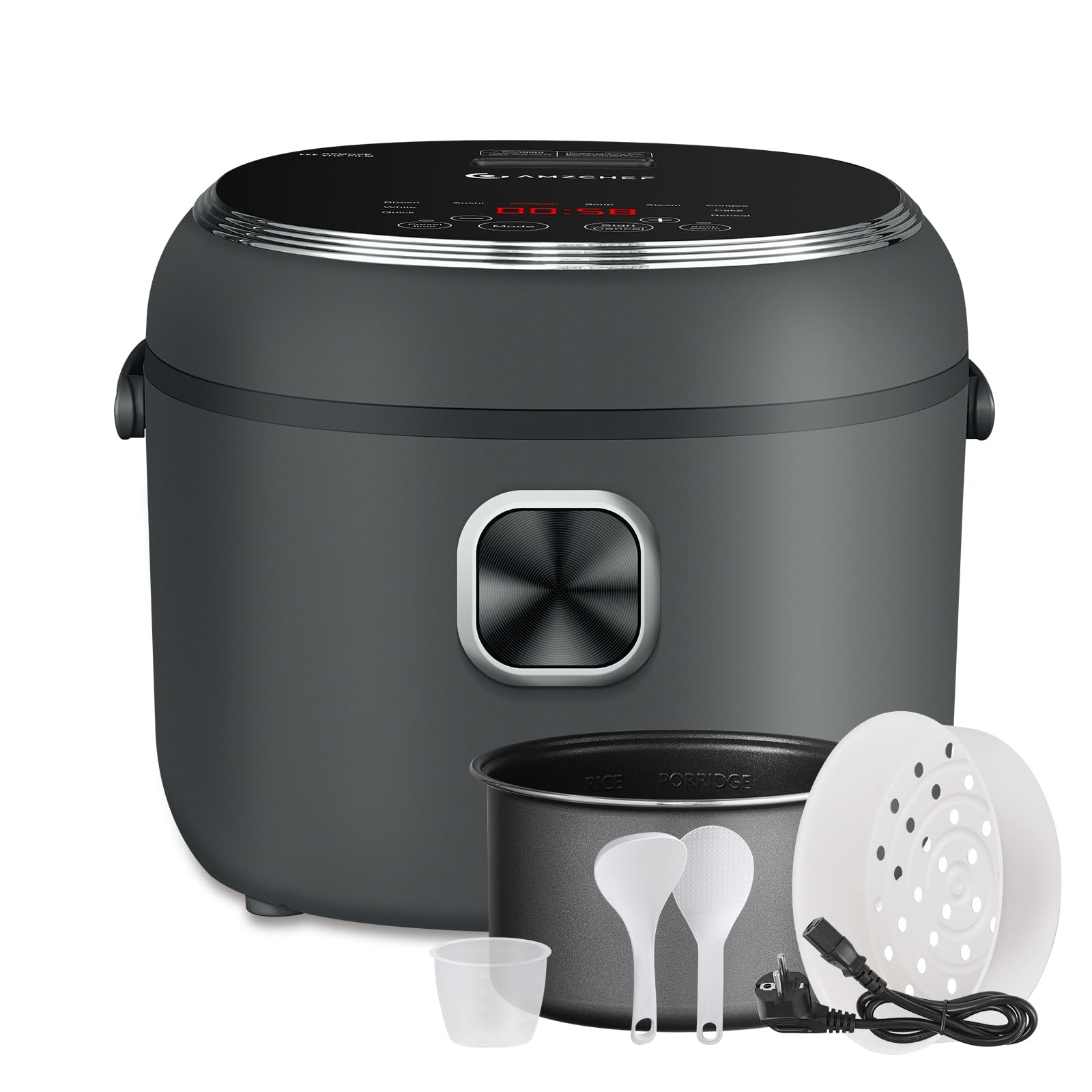 Cuiseur à riz AMZCHEF 2L, cuiseur à riz électr. avec 12 menus prédéf., affichage num., 4 tasses pour 1-4 pers., minuteur 24H et maintien au chaud 12H, poignée de transport, panier vapeur, 400W