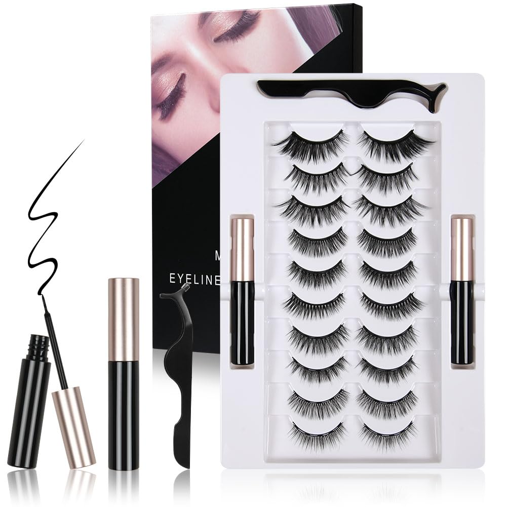 Magnetische Wimpern, Magnetische Flüssiger Eyeliner, 3D Dicke Lange Flauschige Künstliche Falsche Eyelashes, Natürlich Magnet Wimpern Set mit Zange, Wasserdicht und Wiederverwendbar