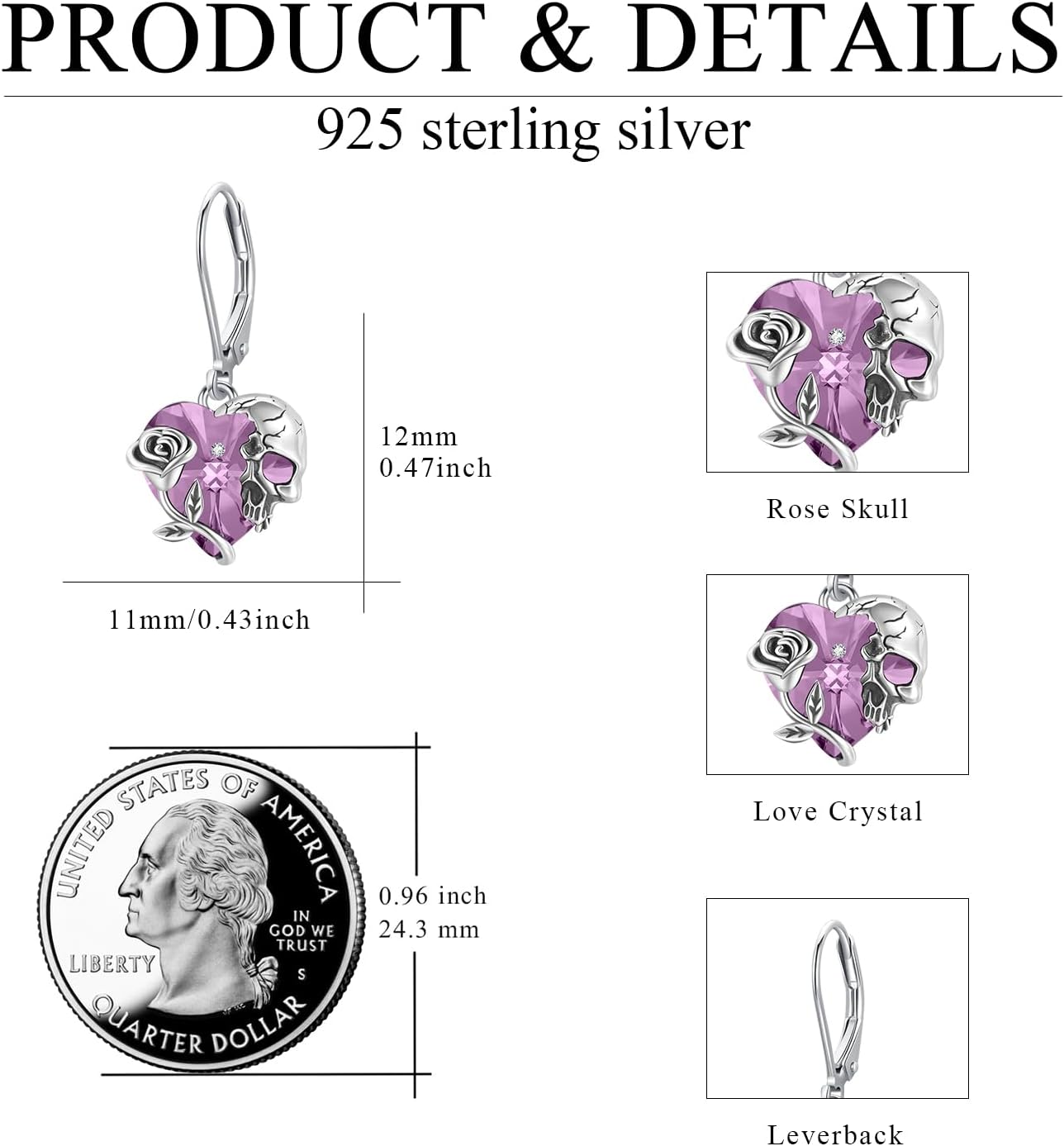 Rose Skull Earrings S925 Sterling Silver Heart Crystal Birthstone Dangle Drop Earrings Hypoallergenic Gothic Skull Leverback JJewelry Gift for Mom Daughter Wife - Image 2