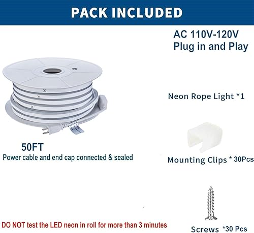 Miniatura 4 de FORT Tira de luces LED de neón, color blanco, 50 pies, 49.2 ft, CA, flexible, 110 V, 120 V, tira de luces LED para exteriores, impermeable,