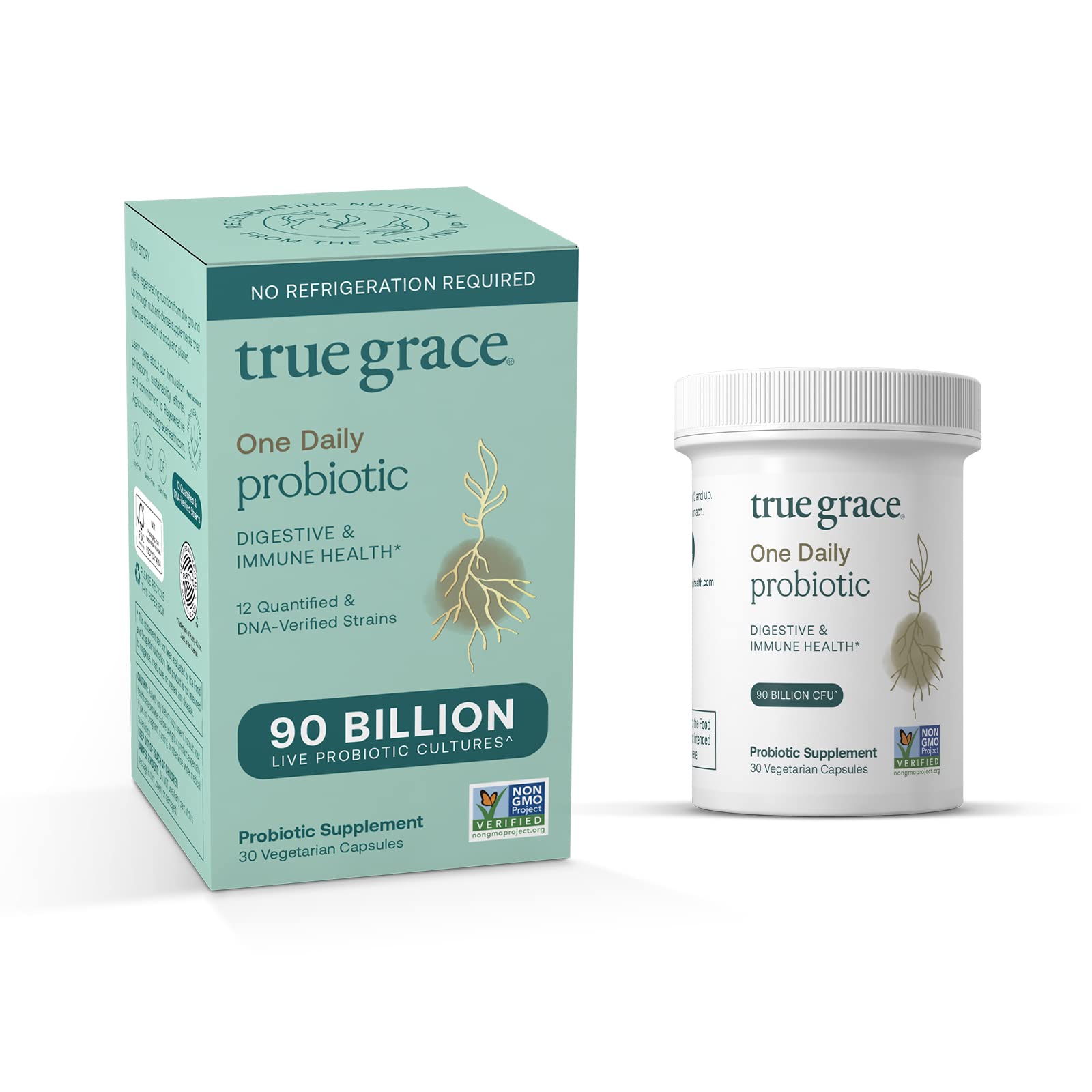 True GraceOne Daily Probiotic 90 Billion CFU, 12 Strains, Gut, Digestive & Immune Health Support Blend with Prebiotic Fiber - Shelf-Stable - Gluten Free, Dairy Free, Soy Free - 30 Vegetarian Capsules
