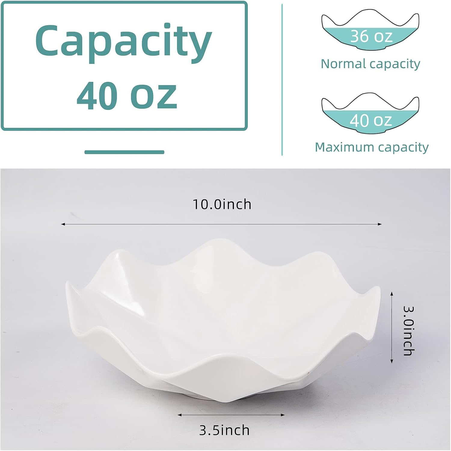 10" Wave Decorative Fruit Bowl for Kitchen Counter,Salad Bowls and Platters,Large Seving Bowls for Pasta, Candy, Set of 2（White Ceramic Bowl Modern）