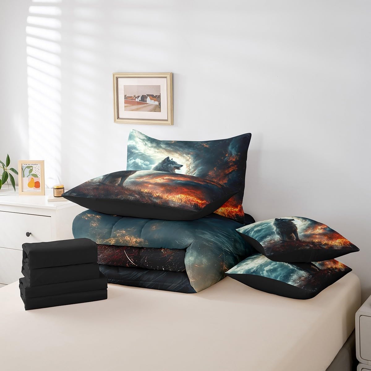 Erosebridal Wolf Tornado Comforter Set Twin,Wildlife Safari Animal Bedding Set 7Pcs for Kids Boys Men,Nature Quilt for Storm Chaser
