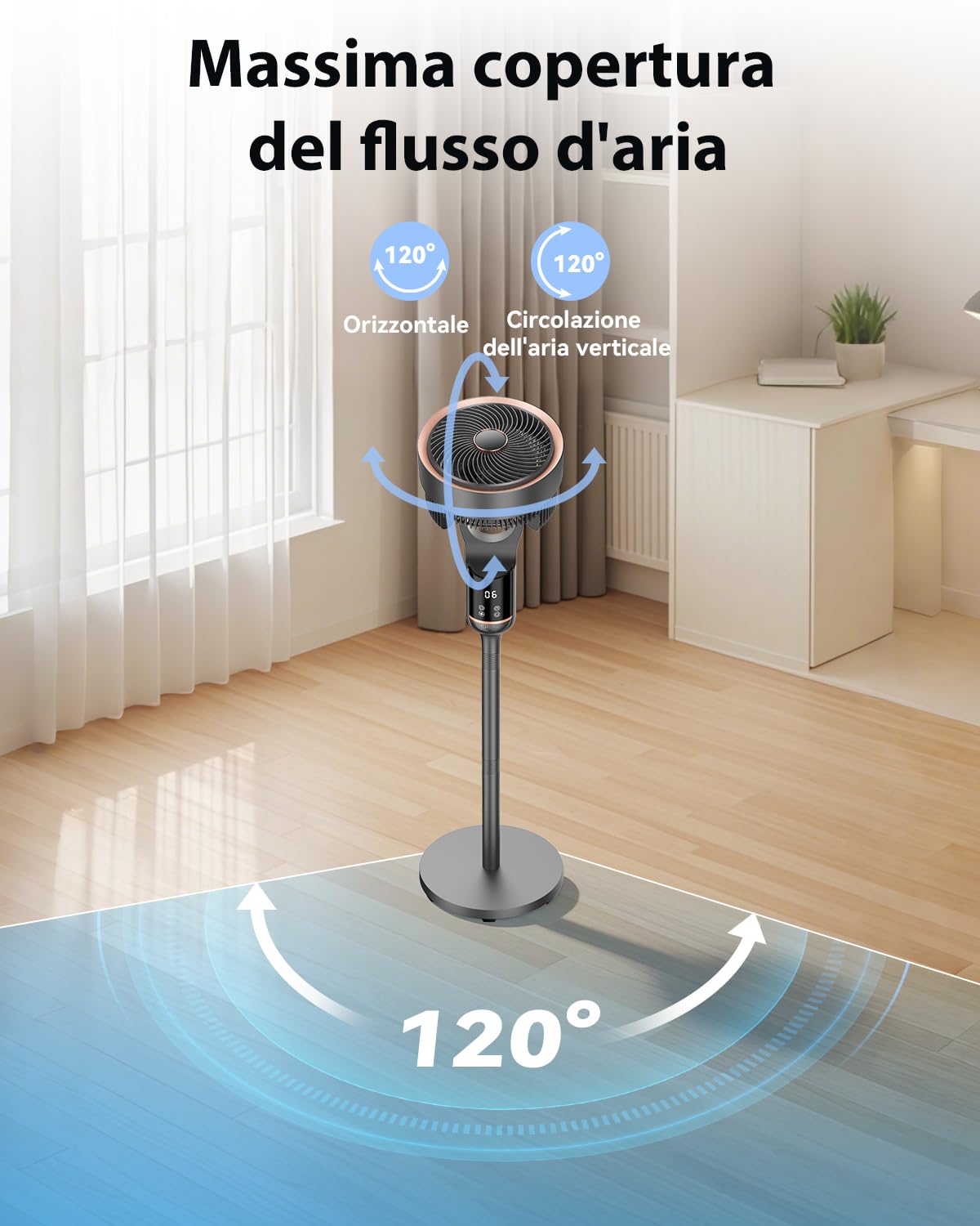 Ventilatore a Piantana, 2 in 1 Ventilatori da Tavolo, 30dB Smart Ventilatore Silenzioso, Telecomando,90°, 12 Velocità, 3 Modalità, Altezza 75-105cm, Timer 12H