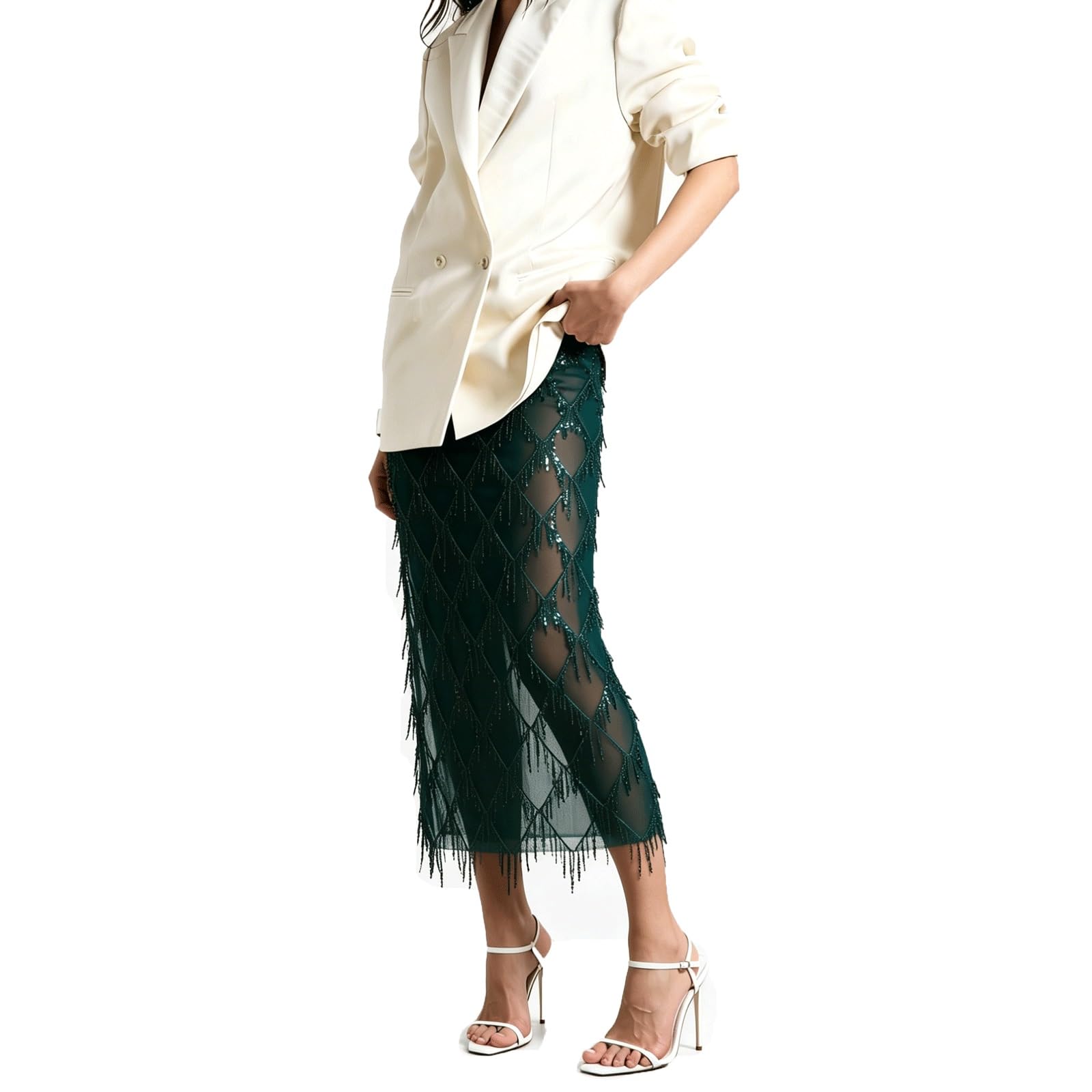 DUddTTW Bodycon Women's Maxi Skirts Sequined Slit High Waisted Long Skirt Sexy(Dark Green,Lagre)